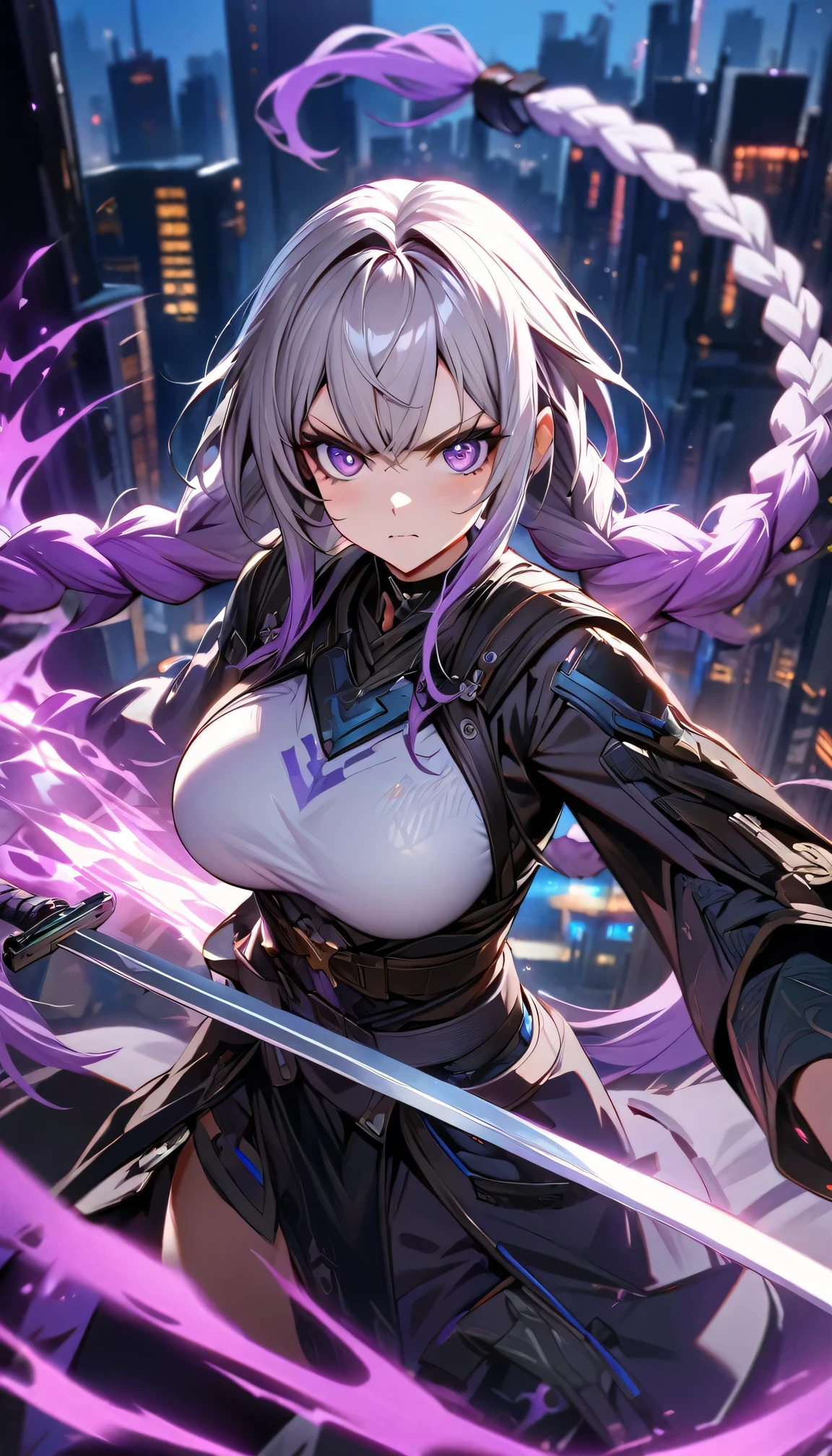 Night view, yinji , 1 Girl, purple hair,purple eyes,very long hair,grey hair,double braid,large breasts,gradient hair, Full body portrait of a man posing fiercely against a neon-lit city background, White top,Holding a samurai sword glowing in the dark. Have a tattoo, Super detailed, ready to fight, Serious expression, Super detailed samurai sword ,cool, personality, brave,(Medium shot,Depth of Field),masterpiece, best quality, (Highly detailed CG Unity 8k wallpaper) (best quality), (Best Illustration),