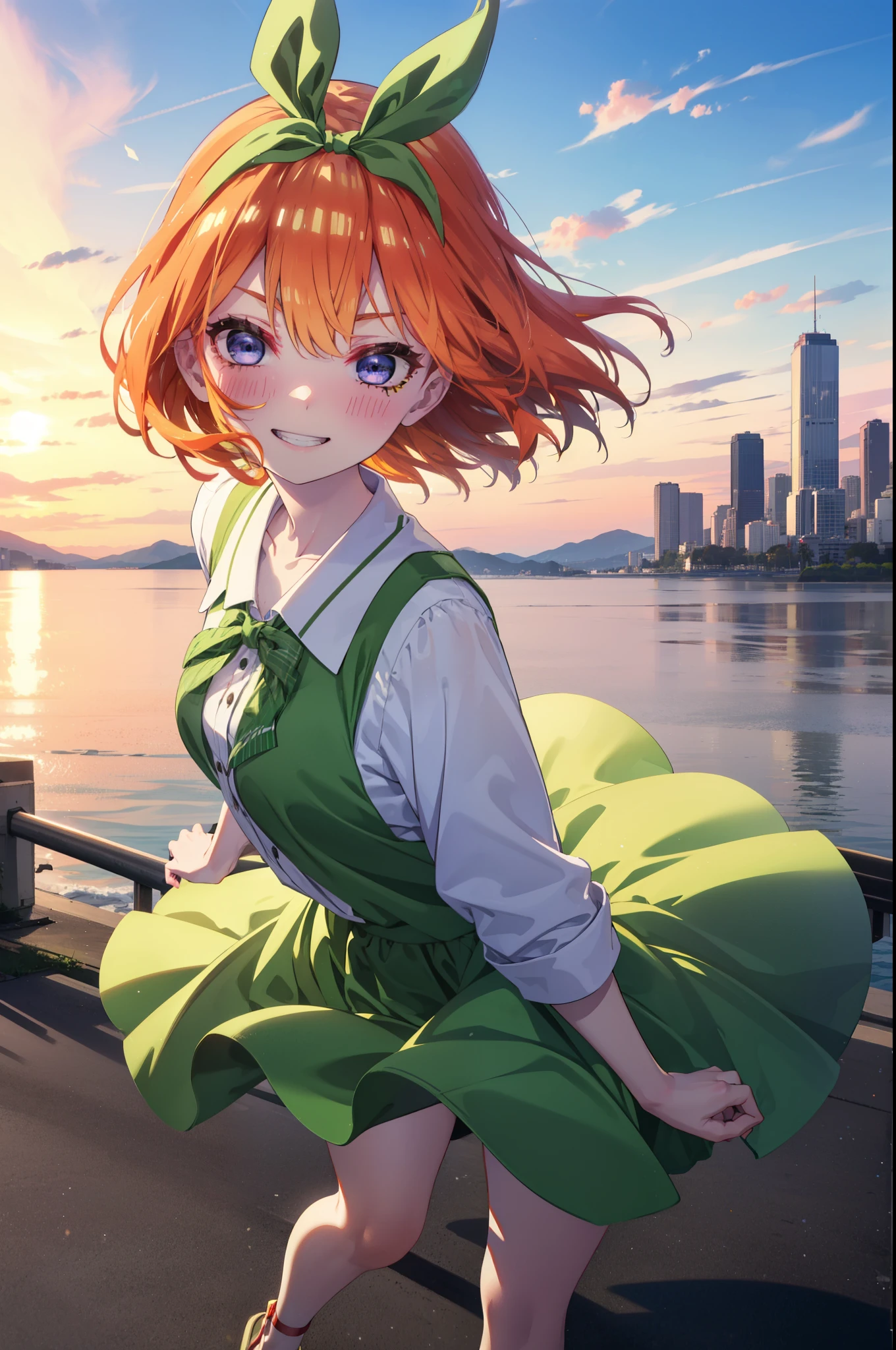 yotsubanakano, yotsuba nakano, bangs, short hair, blue eyes, Hair between the eyes, hair ribbon, hair band, Orange Hair, (Green ribbon:1.5), smile, Grin,smile,Sleeveless green dress,Bare arms,Green long skirt,Cute heeled sandals,sunset,evening,The sun goes down,My hair is blowing in the wind,whole bodyがイラストに入るように,Looking down from above,
break outdoors, city,海岸通り
break looking at viewer, whole body,
break (masterpiece:1.2), highest quality, High resolution, unity 8k wallpaper, (shape:0.8), (Beautiful details:1.6), Highly detailed face, Perfect lighting, Highly detailed CG, (Perfect hands, Perfect Anatomy),