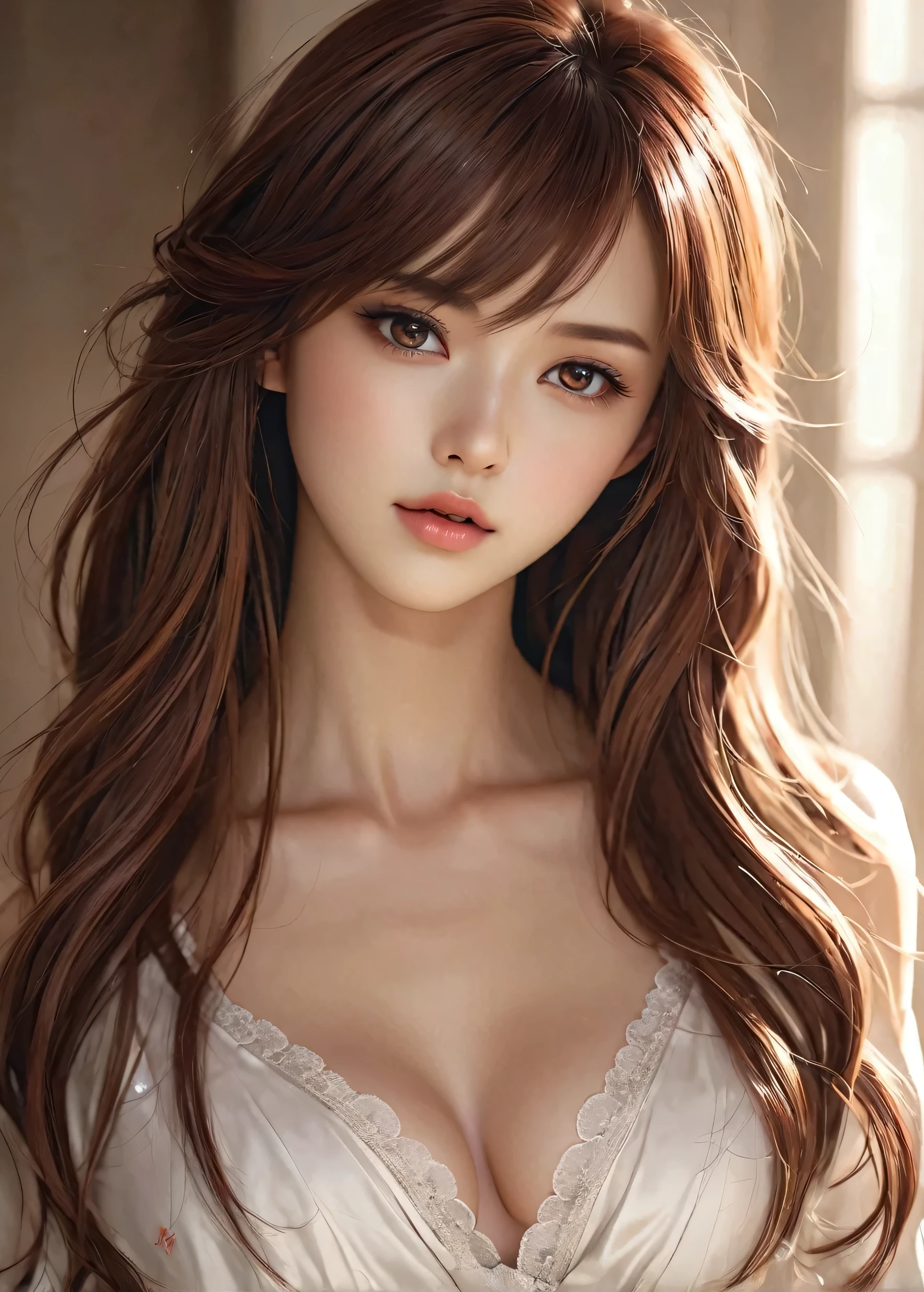 Smooth anime CG art, Shiny skin, Biomechanical , wlop and sakimichan, Female body type, 1 girl, Japanese, Perfect Face, (Perfect Anatomy), Cute and symmetrical face, Shiny skin, thin, (Long Hair:1.2, Straight hair:1.5, Reddish brown hair), Hair between the eyes, Swept-apart bangs, Dark brown eyes, Droopy eyes, Big eyes, Long eyelashes, (Center of chest), Beautiful Hair, Beautiful Face, Beautiful details, Beautiful clavicle, Beautiful body, Beautiful breasts, Beautiful thighs, Beautiful feet, Realistic, Shiny skin, Biomechanical , wlop and sakimichan, Female body type, Highly detailed art gems, Extremely detailed, ( Highly detailed figures ), Highly detailed official artwork, 1 girl, Japanese, Perfect Face, (Perfect Anatomy), Cute and symmetrical face, Shiny skin, thin, (Long Hair:1.2, Straight hair:1.5, Reddish brown hair), Hair between the eyes, Swept-apart bangs, naked, In the bedroom, ((Cowboy Shot:1.3)), Dutch Angle, ((spread legs:1.3)), ((pubic hair:1.5))