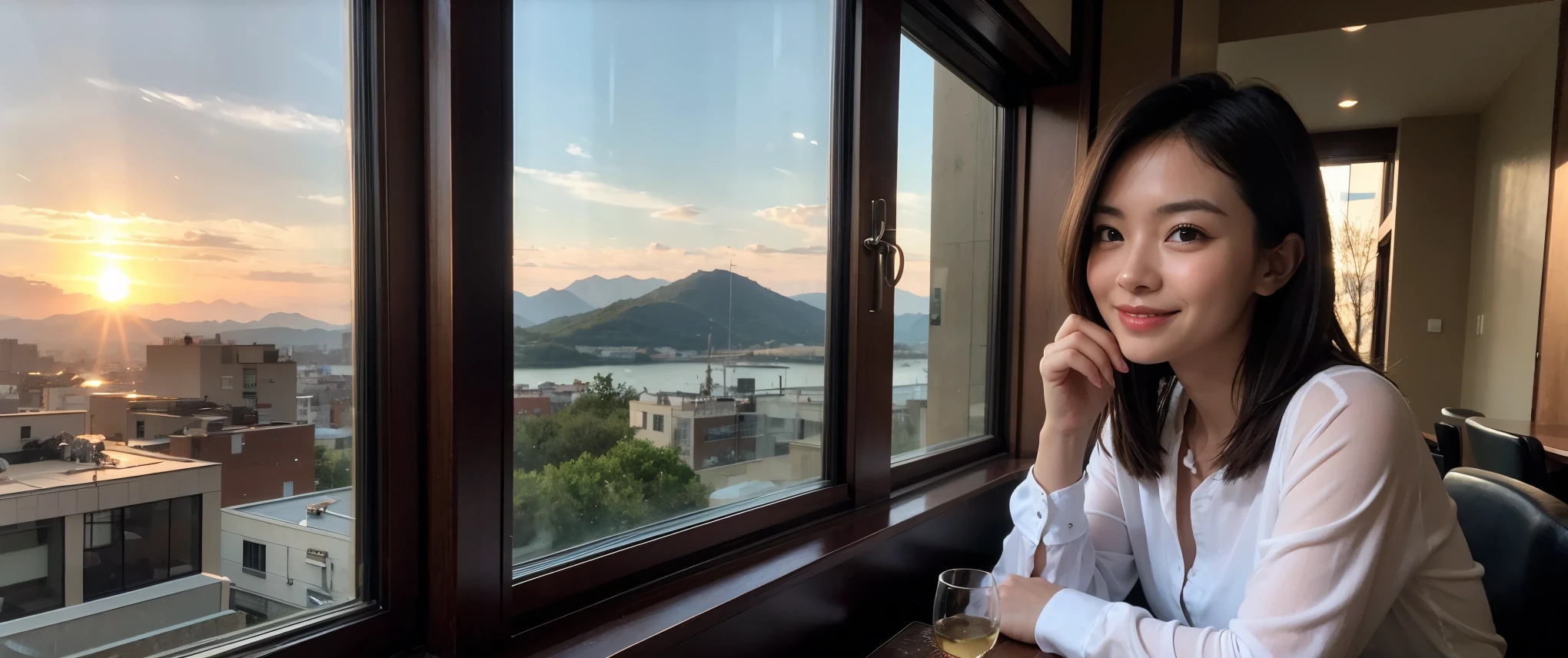 ((highest quality、8k、masterpiece:1.3))、1 male 1 female、couple、Lovers couple、slimなボディ、((Bob Hale、Straight hair:1.2))、(Realistic, Intricate details:1.2), テーブルにwine glass、Shine light on your face、 Amazing view of the sunset sky and clouds、Amazing mountain views、ニコニコ明るいsmile、smileの素敵な女性、Bright image、Beautiful Face, blue eyes, The light shines on your face, Blushing, short hair,Bright Face、Fox face、 (36 years old), 39 years old, Lady、red wine 、Appetizers、Italian food、Wine bottle、Champagne、sparkling wine、Two beauties、Brown Hair、Shortcuts、Long sleeve shirt、dress、Pretty Woman 1, (slimな顔), (The body is slim), (Brown Hair), (Shortcuts), cheeks turn a little red,Attractive beauty、, Out of the window, A beautiful and detailed night view unfolds.........., restaurant, In a prominent place (From the waist up) Nova Frog Style, actress, model, Upper Body, White wine, slim, wine glass, 真ん中に置かれたwine glass, smile, (smile: 1.15), Beautiful fine grain, Depth f/2,saturation, High Contrast, Strong light and shadow,Moist Body:1.5、3D texture、Delicate eyes、Brown Hair、The hair is very shiny、