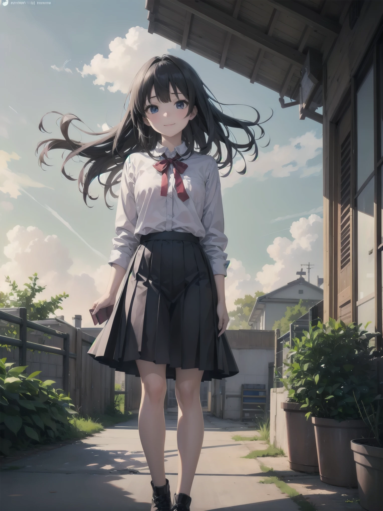 Subtitle: {{school rooftop}} {{uniform}} {{staring into the distance with the wind blowing}}
School rooftop. A strong wind was blowing through the air, and Saori, a beautiful girl, in her , was staring at the distant scenery, staring at an old key in her hand. Her mind was racing to find the place that the key pointed to. I guess this is where it starts," she muttered, placing the key at her feet. She muttered and opened a small box placed at her feet. Inside were several old photographs and a letter. Saori, did you find them?" I heard a voice behind me, and turned to see my classmate Reiko standing there. Yes, but now comes the problem. There's a mystery I have to solve, even if it's beyond the law. Saori replied with a determined look on her face. You really are amazing with your cute face." Reiko said with a smile.