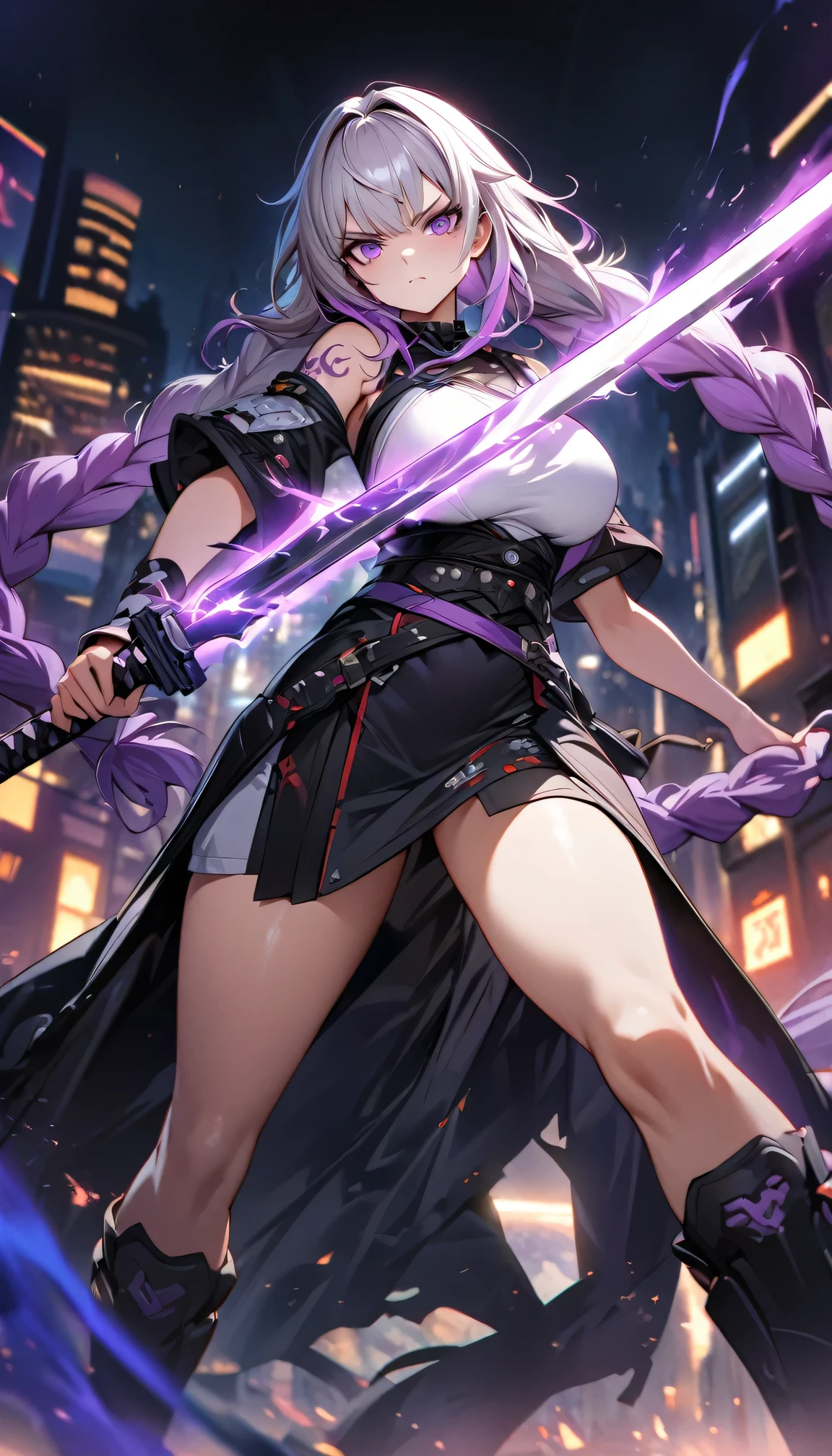 Night view, yinji , 1 Girl, purple hair,purple eyes,very long hair,grey hair,double braid,large breasts,gradient hair, Full body portrait of a man posing fiercely against a neon-lit city background, White top,Holding a samurai sword glowing in the dark. Have a tattoo, Super detailed, ready to fight, Serious expression, Super detailed samurai sword ,cool, personality, brave,(Medium shot,Depth of Field),masterpiece, best quality, (Highly detailed CG Unity 8k wallpaper) (best quality), (Best Illustration),