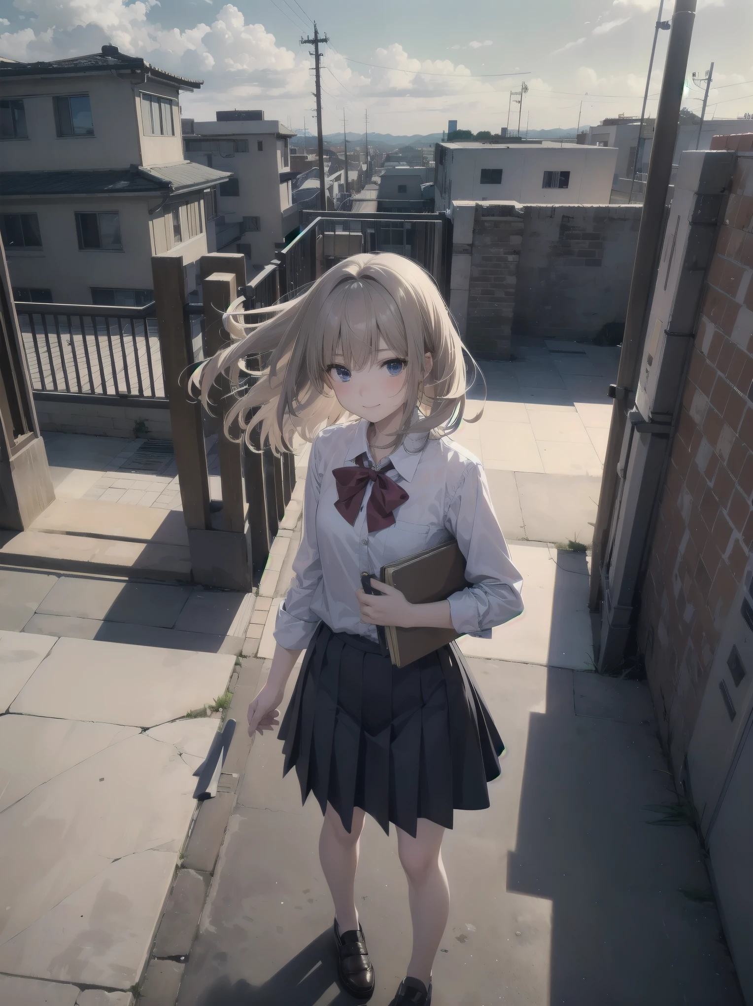 Subtitle: {{school rooftop}} {{uniform}} {{staring into the distance with the wind blowing}}
School rooftop. A strong wind was blowing through the air, and Saori, a beautiful girl, in her , was staring at the distant scenery, staring at an old key in her hand. Her mind was racing to find the place that the key pointed to. I guess this is where it starts," she muttered, placing the key at her feet. She muttered and opened a small box placed at her feet. Inside were several old photographs and a letter. Saori, did you find them?" I heard a voice behind me, and turned to see my classmate Reiko standing there. Yes, but now comes the problem. There's a mystery I have to solve, even if it's beyond the law. Saori replied with a determined look on her face. You really are amazing with your cute face." Reiko said with a smile.