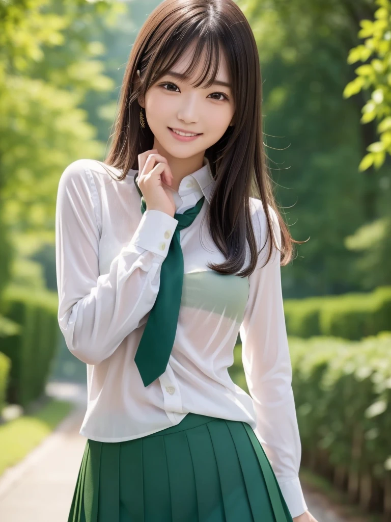 Woman posing for a photo, ((whole bodyショット)), The most beautiful Japanese models, 17 year old female model, 4k、bangs、(((smile))), (Semi-long hair), 非対称なbangs, Straight hair、(White shirt, Green tie , Dark blue pleated skirt:1.2), (Idol-like and super cute face:1.4), whole body, Slim and beautiful figure, sexy, Beautiful breasts, Laughter, The background is a row of fresh green trees, (Raw photo, highest quality, masterpiece, Ultra-detailed, Ultra-high resolution, Realistic),