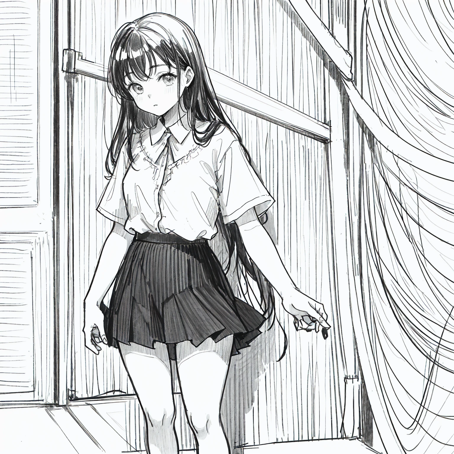1girl in,line-drawing,monochromes,sketch,Pencil drawing,Traditional Media,1girl in, black skirt fence, long hair shirt, Short sleeves, Skirt, Solo、Standing, (Cute teenage woman, Solo),Beautiful portrait、Delicate body、full bodyesbian、look up to、