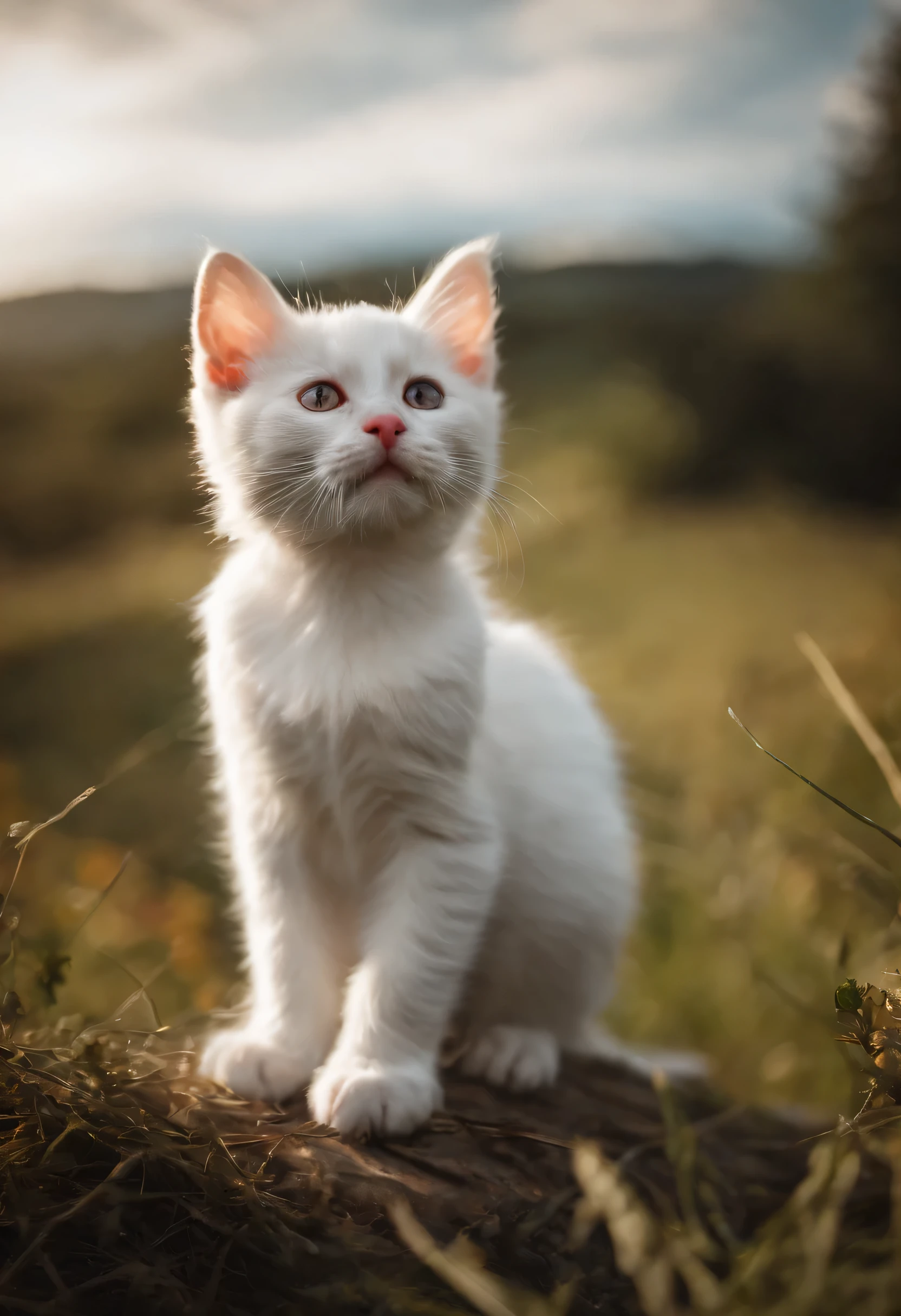 white kitten, red eyes, looking at the sky, the Swiss countryside, cute kitten