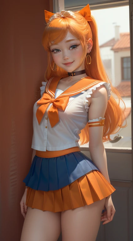 masterpiece, highest quality, High resolution, Venus 1, 1 girl, alone, Sailor Warrior Uniform, Sailor Venus, aino minako, Blonde Hair, Magical girl, blue eyes, Orange Skirt, Elbow Bag, tiara, Pleated skirt, Hair Ribbon, Orange sailor collar, mini skirt, choker, Red Bow, orange choker, White gloves, Very long hair, jewelry, Earrings, Cowboy Shot, smile,