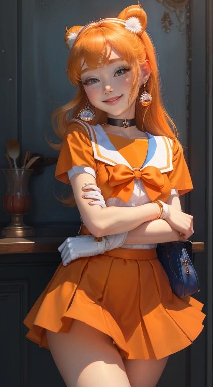 masterpiece, highest quality, High resolution, Venus 1, 1 girl, alone, Sailor Warrior Uniform, Sailor Venus, aino minako, Blonde Hair, Magical girl, blue eyes, Orange Skirt, Elbow Bag, tiara, Pleated skirt, Hair Ribbon, Orange sailor collar, mini skirt, choker, Red Bow, orange choker, White gloves, Very long hair, jewelry, Earrings, Cowboy Shot, smile,