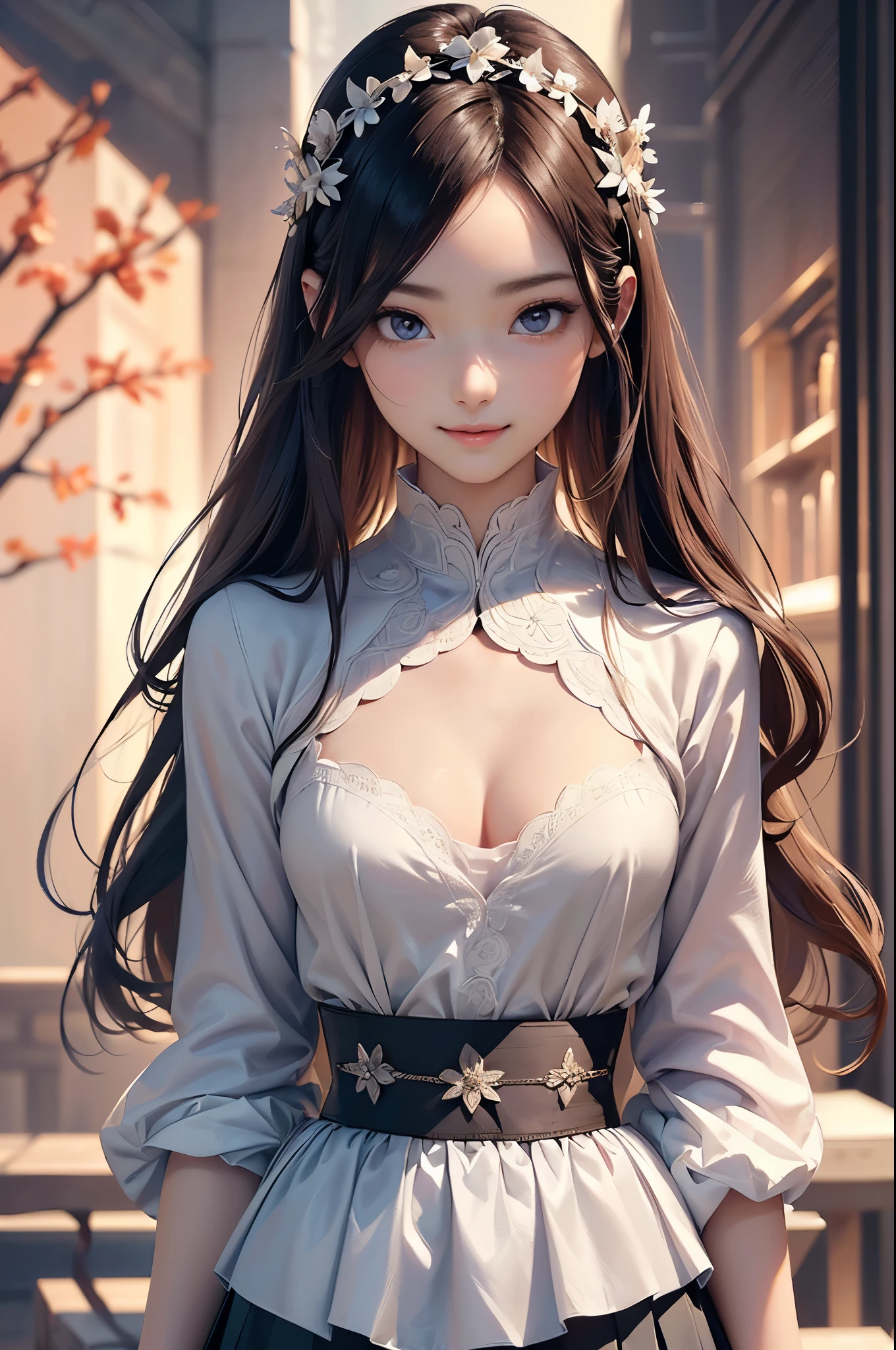 ((Biologically correct limb count))、(( Illustrations including faces))、4K、Masterpiece、((Focus on the face))、((Symmetrical, well-proportioned facial features))、Eyes with delicate depictions、Beautiful woman、Outstanding style、Slender Body、(General's clothes、High heels、((skirt)))、(Looking up、smile)、((Upper body close-up))、