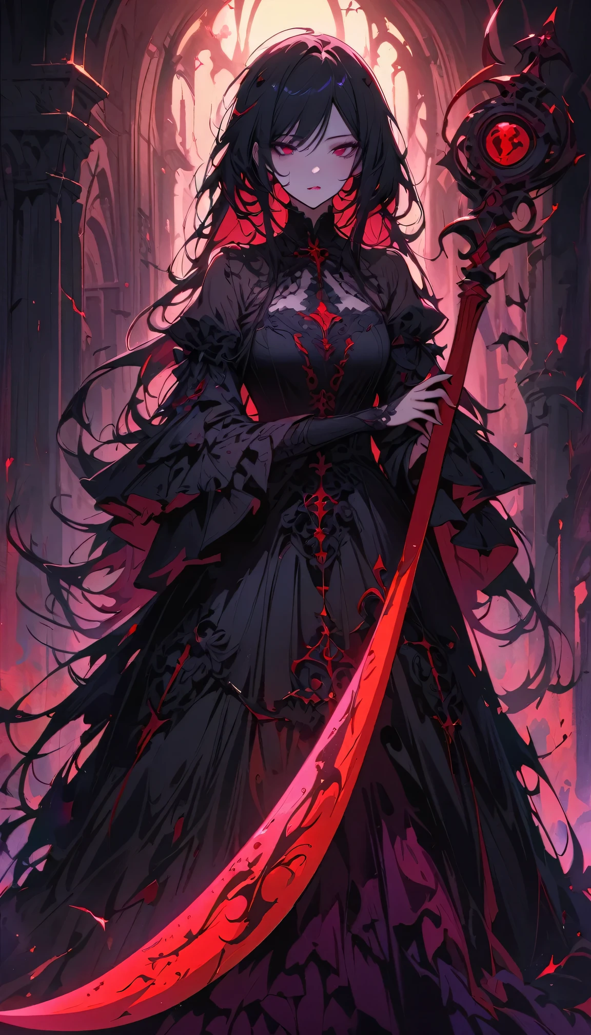 Dark and mysterious,night,Blood Rain,gothic anime girl,Holding the Death Scythe,An extraordinary Gothic artistic masterpiece,Medium shot,Depth of Field,full-body shot,heavily clouded,unforgettably beautiful,Ethereal moonshine,Eerie Shadows,Strong contrast,Creepy,Artistic masterpiece,Detailed texture,dark palette,Disturbing atmosphere,Impressive artistry,Fine details,Gothic architecture,Dramatic Lighting,Os tons vibrantes de vermelho,an ominous,Strange symbols,Surreal elements