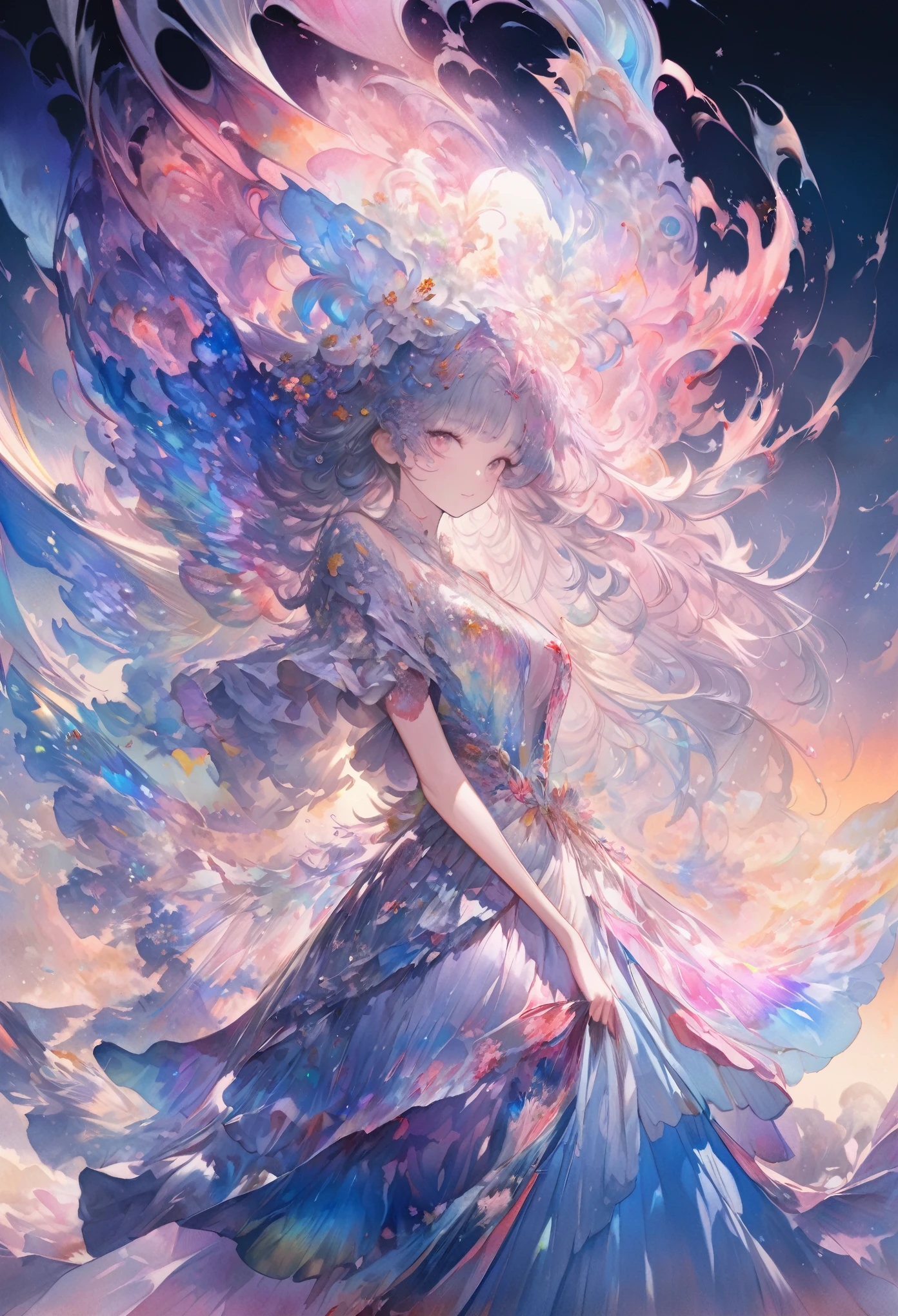 fusion of oil painting and watercolor painting, best quality, super fine, 16k, incredibly absurdres, extremely detailed, delicate, flashy and dynamic depiction, a work of art depicting several kinds of Iridescent transparent and translucent creatures, cool, cute, complete darkness, a ray of light, and a variety of shades and gradations, various fancy image effects