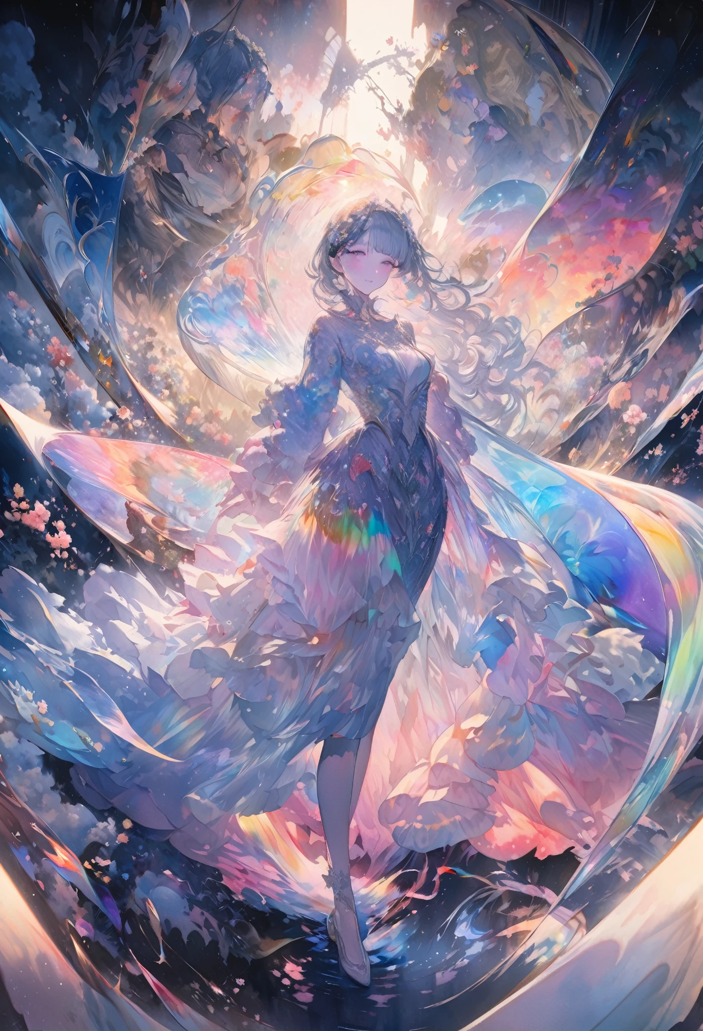 fusion of oil painting and watercolor painting, best quality, super fine, 16k, incredibly absurdres, extremely detailed, delicate, flashy and dynamic depiction, a work of art depicting several kinds of Iridescent transparent and translucent creatures, cool, cute, complete darkness, a ray of light, and a variety of shades and gradations, various fancy image effects