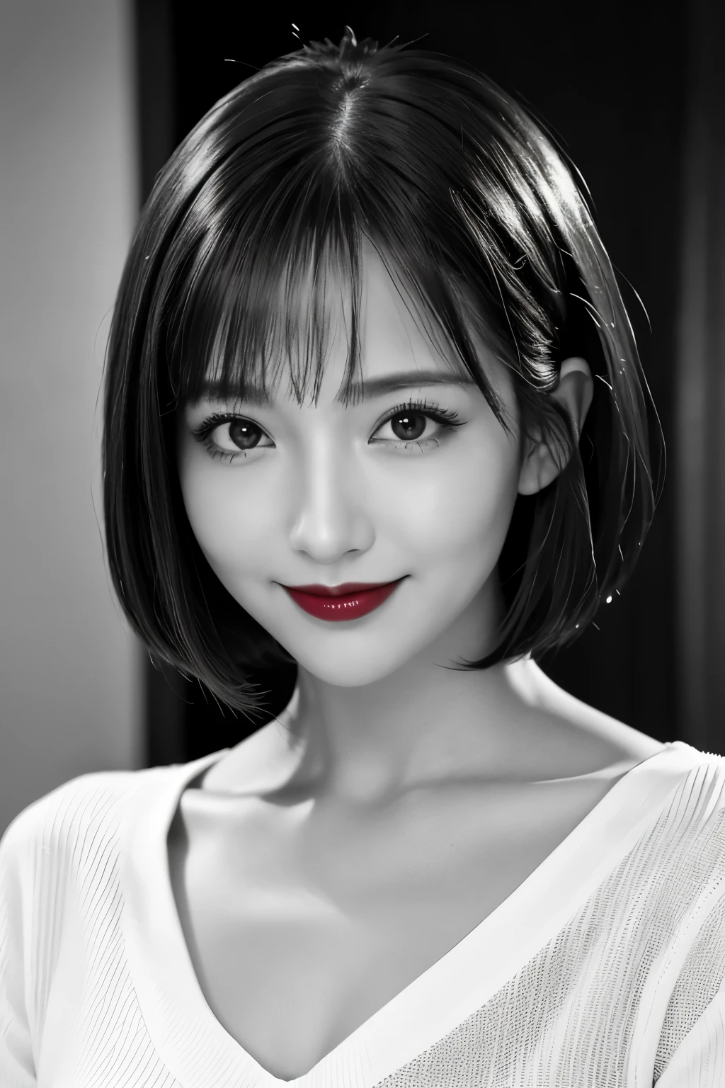 highest quality. Tabletop, 8k, Best image quality, Award-winning works, One Girl, ((((Black and white photography)))), (Red lips), The perfect V-neck knit sweater, Upper body shot from the waist up, (Facing forward), Perfect Makeup, Long eyelashes, Ultra-high definition sparkling eyes, Ultra HD Hair, Ultra High Resolution Glossy Lips, Ultra HD cute face, Very short straight hair, Symmetrical hair length, Look at me and smile, clavicle, Accurate anatomy, Face close-up, Luxury Love Hotel, The most atmospheric and warm lighting, Blurred Background