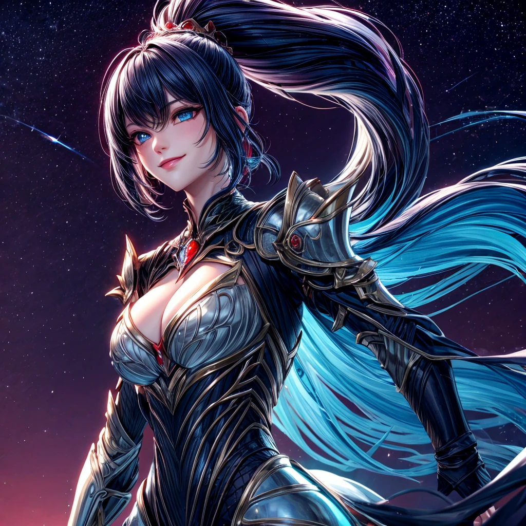 1 mature queen, {{{very long black hair}}} ponytail, {{{Ice blue eyes}}}, crimson lips, red royal dress under a chest plate of armor, cold smile, starry night sky, {best quality.}, {highreaasterpiece.}, {{{medium close up.}}}, {facing viewer}