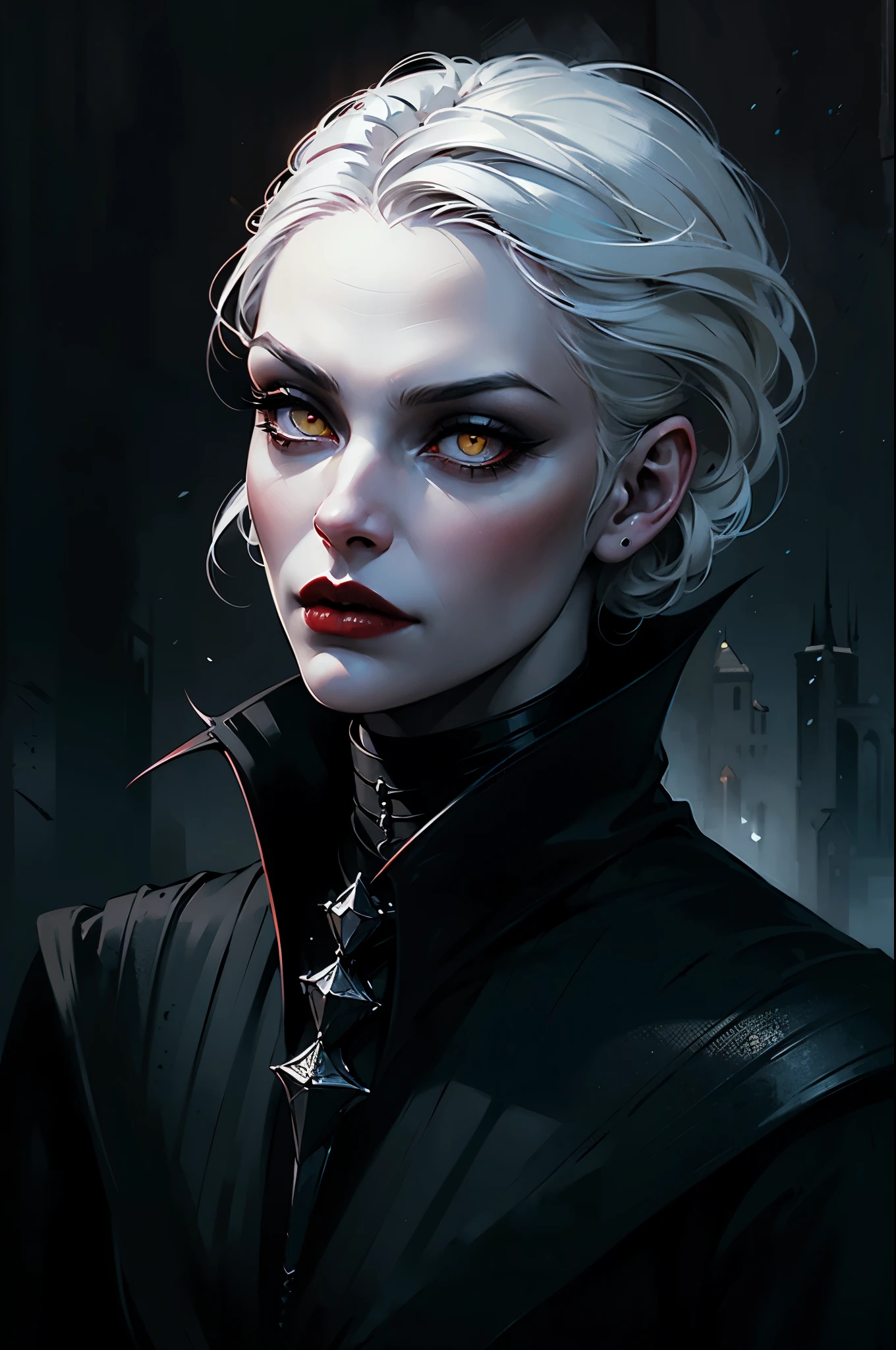 Woman with white hair and yellow eyes in black outfit, red lips, Vampire Girl, Dark, But detailed digital art, dark fantasy style art, Portrait of a vampire, androgynous vampire, Dark art style, style of charlie bowater, gothic horror vibes, tom bagshaw artstyle, gothic art style, dark fantasy portrait, neoartcore and charlie bowater