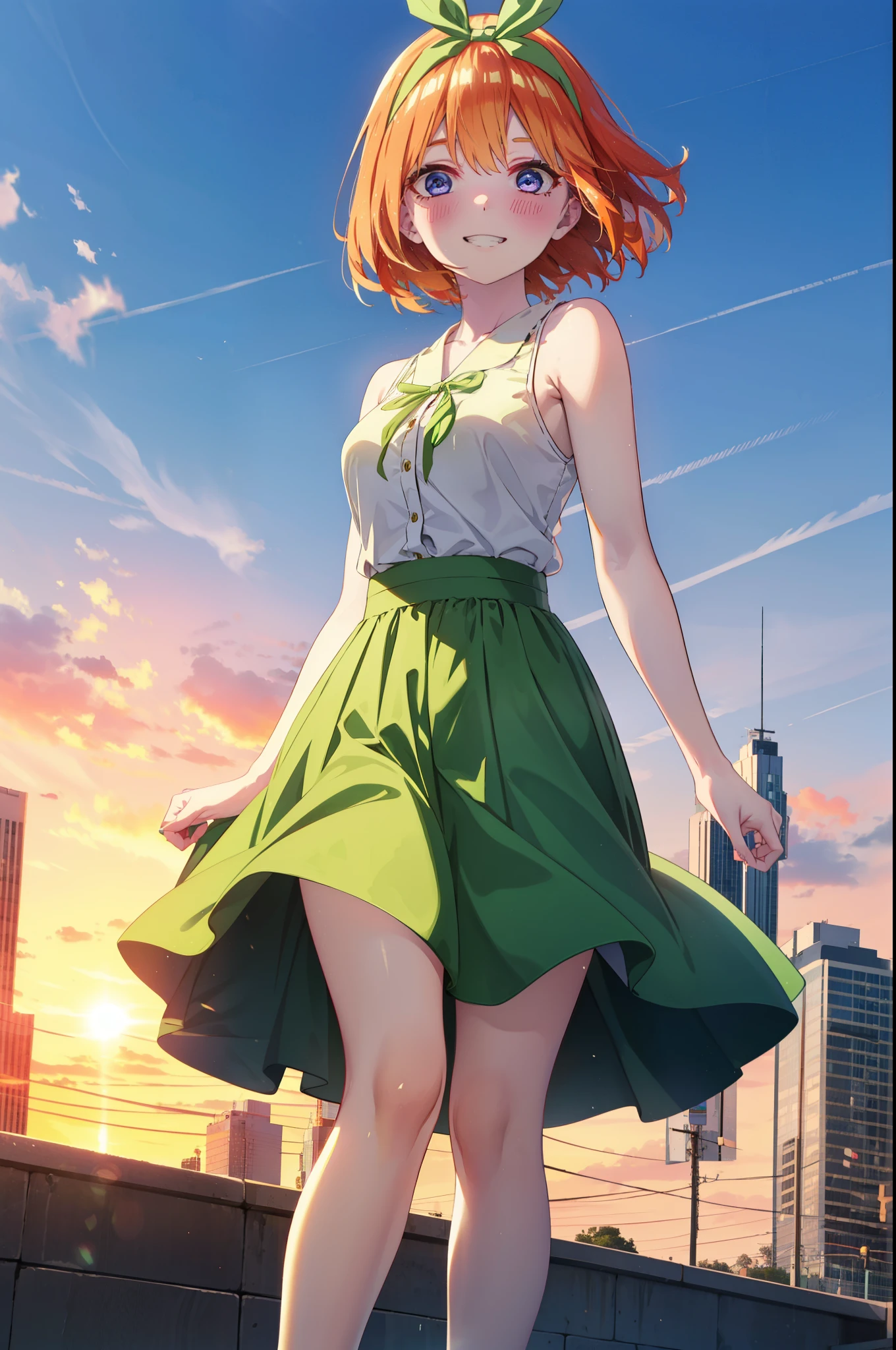 yotsubanakano, yotsuba nakano, bangs, short hair, blue eyes, Hair between the eyes, hair ribbon, hair band, Orange Hair, (Green ribbon:1.5), smile, Grin,smile,Sleeveless green dress,Bare arms,Green long skirt,Cute heeled sandals,sunset,evening,The sun goes down,My hair is blowing in the wind,whole bodyがイラストに入るように,Looking down from above,
break outdoors, city,海岸通り
break looking at viewer, whole body,
break (masterpiece:1.2), highest quality, High resolution, unity 8k wallpaper, (shape:0.8), (Beautiful details:1.6), Highly detailed face, Perfect lighting, Highly detailed CG, (Perfect hands, Perfect Anatomy),