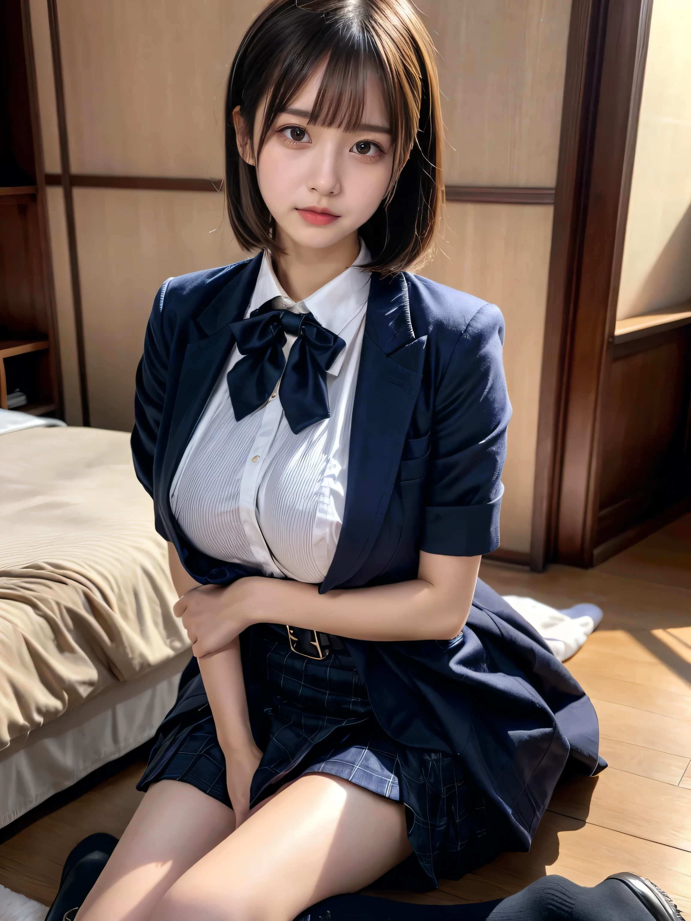 (8K, Raw photography, top-quality, masterpiece:1.2), muster piece, best quality, illustration, Super detailed, fine details, High resolution, 8K,wall paper, perfect dynamic composition,(Details High quality, realistic depiction of eyes:1.3), ((2 girls, 2 girls)), The background is a luxury hotel room、High school girl uniform、blazer 、Super Short Check Uniform Skirt、Navy blue high socks、garterbelts、Colossal tits、Disturbed uniform, Play with each other,Touching each other's bodies,Touching the body of the girl next door, short bob hair, black hair color, huge breasts, Big Natural Color Lip, bold sexy pose, (perfect body shape), crying a little、cold gaze, Harajuku style、Beautiful makeup,glitter makeup,Cutest 18 years old、 beautiful legs, hposing Gravure Idol, Voluptuous thighs
