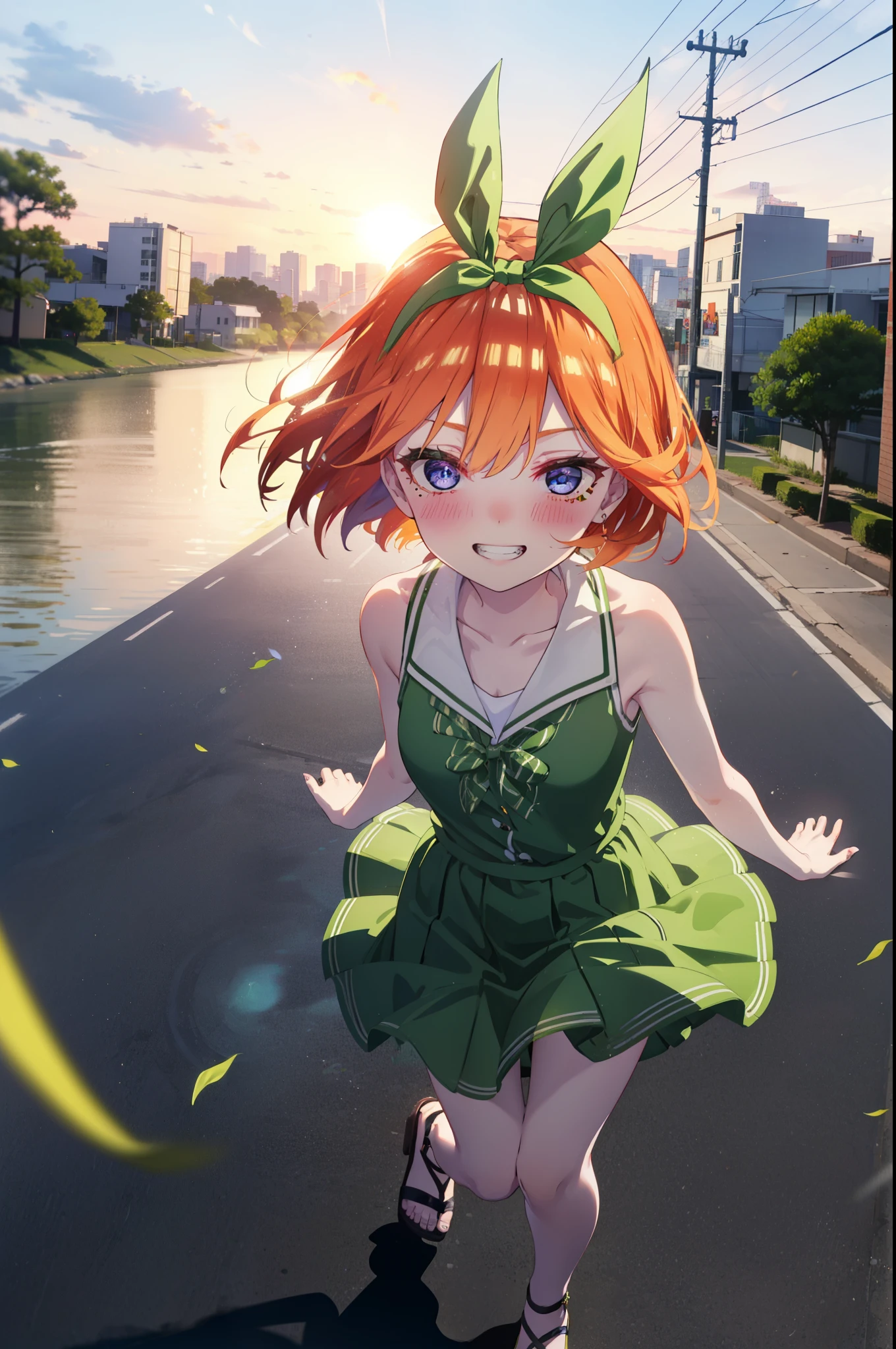 yotsubanakano, yotsuba nakano, bangs, short hair, blue eyes, Hair between the eyes, hair ribbon, hair band, Orange Hair, (Green ribbon:1.5), smile, Grin,smile,Sleeveless green dress,Bare arms,Green long skirt,Cute heeled sandals,sunset,evening,The sun goes down,My hair is blowing in the wind,whole bodyがイラストに入るように,Looking down from above,
break outdoors, city,海岸通り
break looking at viewer, whole body,
break (masterpiece:1.2), highest quality, High resolution, unity 8k wallpaper, (shape:0.8), (Beautiful details:1.6), Highly detailed face, Perfect lighting, Highly detailed CG, (Perfect hands, Perfect Anatomy),