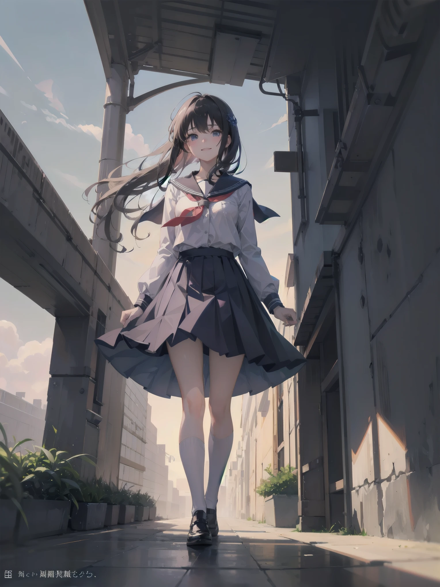 Subtitle: {{school rooftop}} {{uniform}} {{staring into the distance with the wind blowing}} School rooftop. A strong wind was blowing through the air, and Saori, a beautiful girl, in her , was staring at the distant scenery, staring at an old key in her hand. Her mind was racing to find the place that the key pointed to. I guess this is where it starts," she muttered, placing the key at her feet. She muttered and opened a small box placed at her feet. Inside were several old photographs and a letter. Saori, did you find them?" I heard a voice behind me, and turned to see my classmate Reiko standing there. Yes, but now comes the problem. There's a mystery I have to solve, even if it's beyond the law. Saori replied with a determined look on her face. You really are amazing with your cute face." Reiko said with a smile.