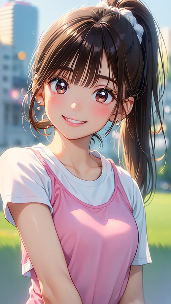 masterpiece、High resolution、High resolution、High resolution、1 female、Very close、((Depiction of only the upper body))、((Brown Hair、ponytail)、A kind smile、Smiling with teeth showing、Pink Lip Gloss、((White Training Wear))、((Early morning city))、