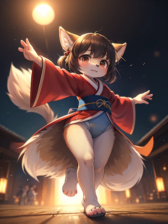 Unrealistic Perspective , dynamic angle , rule of thirds Layout , Bokeh , dynamic fashion model action , realistic hairy fur , round face , moist round eyes , Swollen cheeks , hair ties , Short stature , accidents , Happenings , sensational , beautiful, masterpiece, highest quality, Highly detailed face, Perfect lighting, One girl, alone, matoi ryuuko, kimono, kimono, short kimono, Cowboy Shot , Dancing in the Wind , dance with realistic wolfs