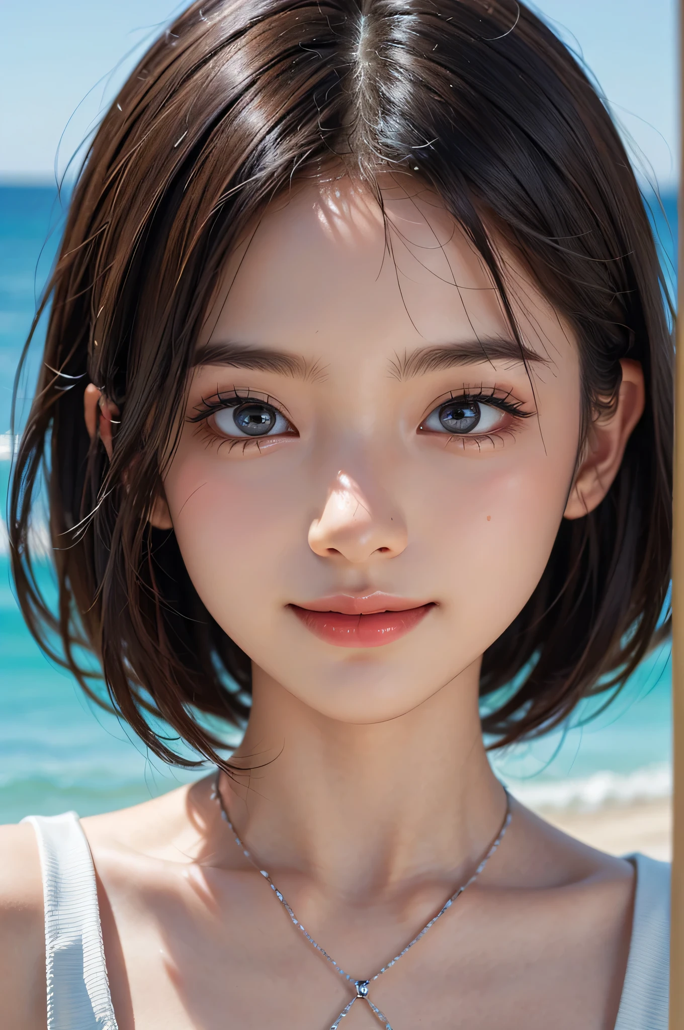 (8K,highest quality,RAW Photos,Ultra-high resolution,High definition,Attention to detail,High detail,超A high resolution,solo),(((Very beautiful 12 year old girl))),12 years old,Highly detailed eyes and face,Realistic atmosphere,Center image,pretty girl,Young face,Baby Face,Innocent face,Childish,Japanese,beautiful girl,Very beautiful eyes,Big eyes,Detailed eyes,Calm Eyeouth details,Front view,Perfect Anatomy,Detailed,Physically Based Rendering,Tyndall effect,Digital1SLR camera,85mm lens,Blur the background,Eyes with beautiful details,Glossy lips,Smile,Smile,double eyelid,Long eyelashes,Natural Makeup,Glowing White Skin,Detailed and realistic skin,Short Hair,Shiny bob hair,Light on the face,True Face,Portrait,View from the front,Close-up of face,View Photographer,bright,coastal,Face close-up,Swimwear,shoulder