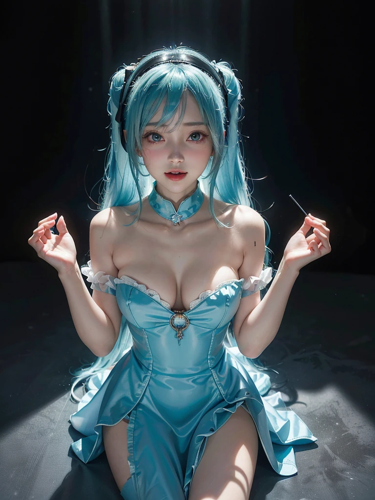 (8k, highest quality, masterpiece:1.2), Super detailed, (front focus), (in the dark:1.6), Hyperrealist portrait of female by david hockney and alphonse mucha, fantasy art, photo realistic, dynamic lighting, artstation, poster, volumetric lighting, very detailed faces, award winning,there is a doll sitting on a table next to a computer, mikudayo, pvc figurine, hatsune miku, pop up parade figure, miku, anime figurine, anime figure, she has pale blue skin!!!, white cyan, portrait of hatsune miku, rem rezero, anime peripheral, a happy meal toy of hatsune miku,anatomically correct,(cowboy shot:1.5),Shooting from above at an angle,(in the dark, deep shadow, low key),Huge, full breasts,bared breasts,I can see her cleavage, (Cute smile, Upward glance),Bedroom,((in a seductive pose,sexually aroused face,With a face s in heat:1.5,Moist eyes:1.5,slightly open mouth):1.2))/