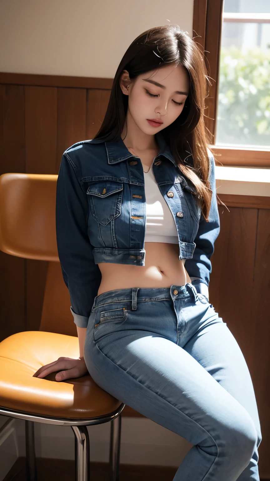 (photorealistic),(masterpiece),(ultra-detailed),a very pretty and sexy 20 year old girl holding more than liters of pee, wearing crop bubble jacket and tight denim shorts, hands jammed between thighs, lower abdomen part of the tight black jeans bulging from full bladder as sphere that is big as her as if she was fully nine months pregnant but smooth rounded ,enduring extreme urge to pee,eyes slightly closed,pee about to come out,sweating,legs crossed very tightly,sitting on a chair