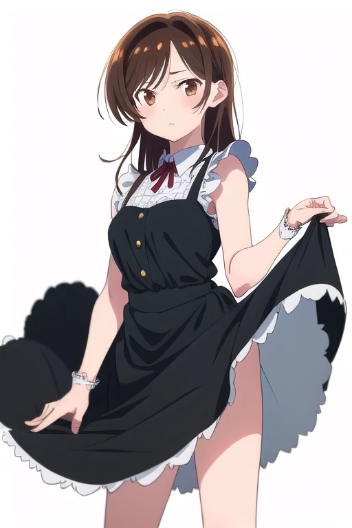 (1 girl), (brown eyes), (Intricate iris detailing), (front), (girl dressed as a maid), (Lower your eyes), (Chizuru Mizuhara), (White background)
