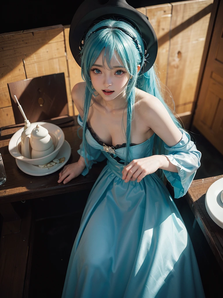 (8k, highest quality, masterpiece:1.2), Super detailed, (front focus), (in the dark:1.6), Hyperrealist portrait of female by david hockney and alphonse mucha, fantasy art, photo realistic, dynamic lighting, artstation, poster, volumetric lighting, very detailed faces, award winning,there is a doll sitting on a table next to a computer, mikudayo, pvc figurine, hatsune miku, pop up parade figure, miku, anime figurine, anime figure, she has pale blue skin!!!, white cyan, portrait of hatsune miku, rem rezero, anime peripheral, a happy meal toy of hatsune miku,anatomically correct,(cowboy shot:1.5),Shooting from above at an angle,(in the dark, deep shadow, low key),Huge, full breasts,bared breasts,I can see her cleavage, (Cute smile, Upward glance),Bedroom,((in a seductive pose,sexually aroused face,With a face s in heat:1.5,Moist eyes:1.5,slightly open mouth):1.2))/