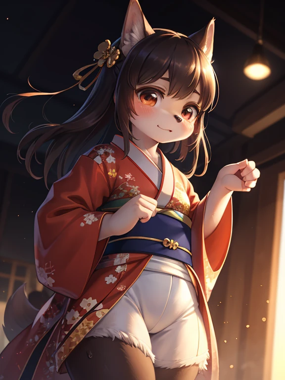 Unrealistic Perspective , dynamic angle , rule of thirds Layout , Bokeh , dynamic fashion model action , realistic hairy fur , round face , moist round eyes , Swollen cheeks , hair ties , Short stature , accidents , Happenings , sensational , beautiful, masterpiece, highest quality, Highly detailed face, Perfect lighting, One girl, alone, matoi ryuuko, kimono, kimono, short kimono, Cowboy Shot , Dancing in the Wind , dance with realistic wolfs , realistic wolfs