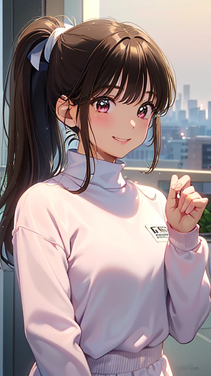 masterpiece、High resolution、High resolution、High resolution、1 female、Very close、((Depiction of only the upper body))、((Brown Hair、ponytail)、A kind smile、Smiling with teeth showing、Pink Lip Gloss、((White long sleeve training wear))、((Early morning city))、