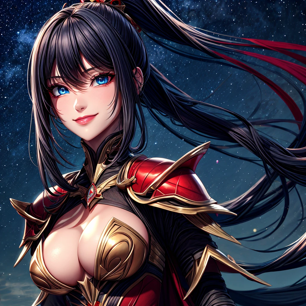 1 mature queen, {{{very long black hair}}} ponytail, {{{Ice blue eyes}}}, crimson lips, red royal dress under a chest plate of armor, cold smile, starry night sky, {best quality.}, {highreaasterpiece.}, {{{medium close up.}}}, {facing viewer}