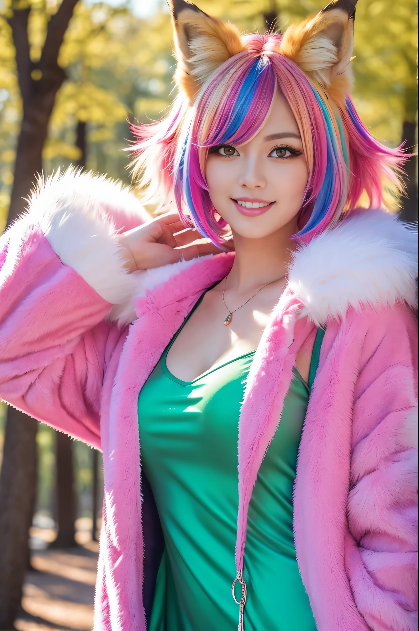 sexy swedish model, (-anime), only 1 model, very short hair, beautiful smile, lipgloss, long lashes, defined eyebrows, long fur fox cosplay, ((long fur vivid colors outfit)), ((fox accessoires)), fox ears, vivid colors, look at the camera, cinematic light, large park background with trees, sweet and sexy pose