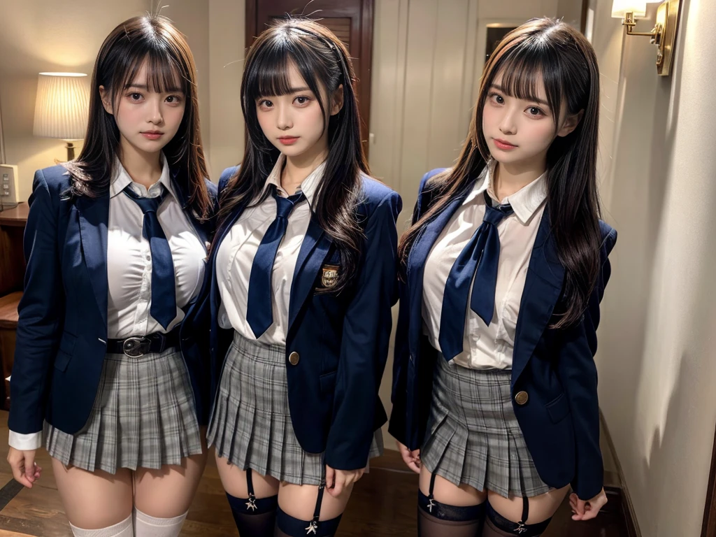 muster piece, best quality, illustration, Super detailed, fine details, High resolution, 8K,wall paper, perfect dynamic composition,(Details High quality, realistic depiction of eyes:1.3), ((2 girls, 2 schoolgirls)), The background is a luxury hotel room、High school girl uniform、blazer 、Super Short Check Uniform Skirt、Navy blue high socks、garterbelts、Colossal tits、Disturbed uniform, Play with each other,Touching each other's bodies,Touching the body of the girl next door, short bob hair, black hair color, huge breasts, Big Natural Color Lip, bold sexy pose, (perfect body shape), crying a little、cold gaze, Harajuku style、Beautiful makeup,glitter makeup,Cutest 18 years old, beautiful legs, hposing Gravure Idol, Voluptuous thighs