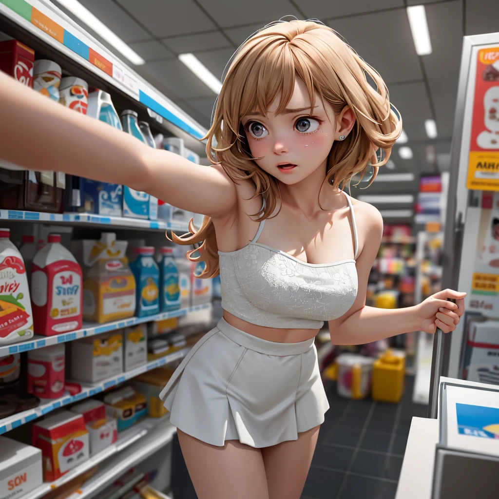An angelic woman, dressed in a mini skirt and tube top, is frantically searching for a bathroom in a store. She appears panicked and on the verge of tears as she hobbles through the aisles, her knees locked together. The urgency in her eyes is evident as she struggles to find relief. The scene is depicted in a vivid and ultra-detailed manner, with every emotional and physical aspect captured flawlessly. The artwork portrays the woman's fear and desperation, immersing the viewer in her predicament. The lighting accentuates her features, emphasizing the anxiety and distress in her expression. The color palette is vibrant, allowing for a heightened sense of drama. The artwork is rendered with a realistic, almost photographic quality, showcasing the woman's delicate features and the texture of her clothing. The sharp focus further enhances the level of detail, showcasing the artist's skill and precision.