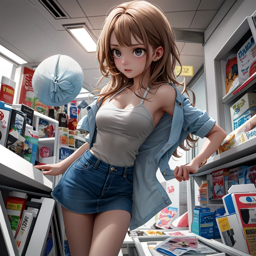 An angelic woman, dressed in a mini skirt and tube top, is frantically searching for a bathroom in a store. She appears panicked and on the verge of tears as she hobbles through the aisles, her knees locked together. The urgency in her eyes is evident as she struggles to find relief. The scene is depicted in a vivid and ultra-detailed manner, with every emotional and physical aspect captured flawlessly. The artwork portrays the woman's fear and desperation, immersing the viewer in her predicament. The lighting accentuates her features, emphasizing the anxiety and distress in her expression. The color palette is vibrant, allowing for a heightened sense of drama. The artwork is rendered with a realistic, almost photographic quality, showcasing the woman's delicate features and the texture of her clothing. The sharp focus further enhances the level of detail, showcasing the artist's skill and precision.