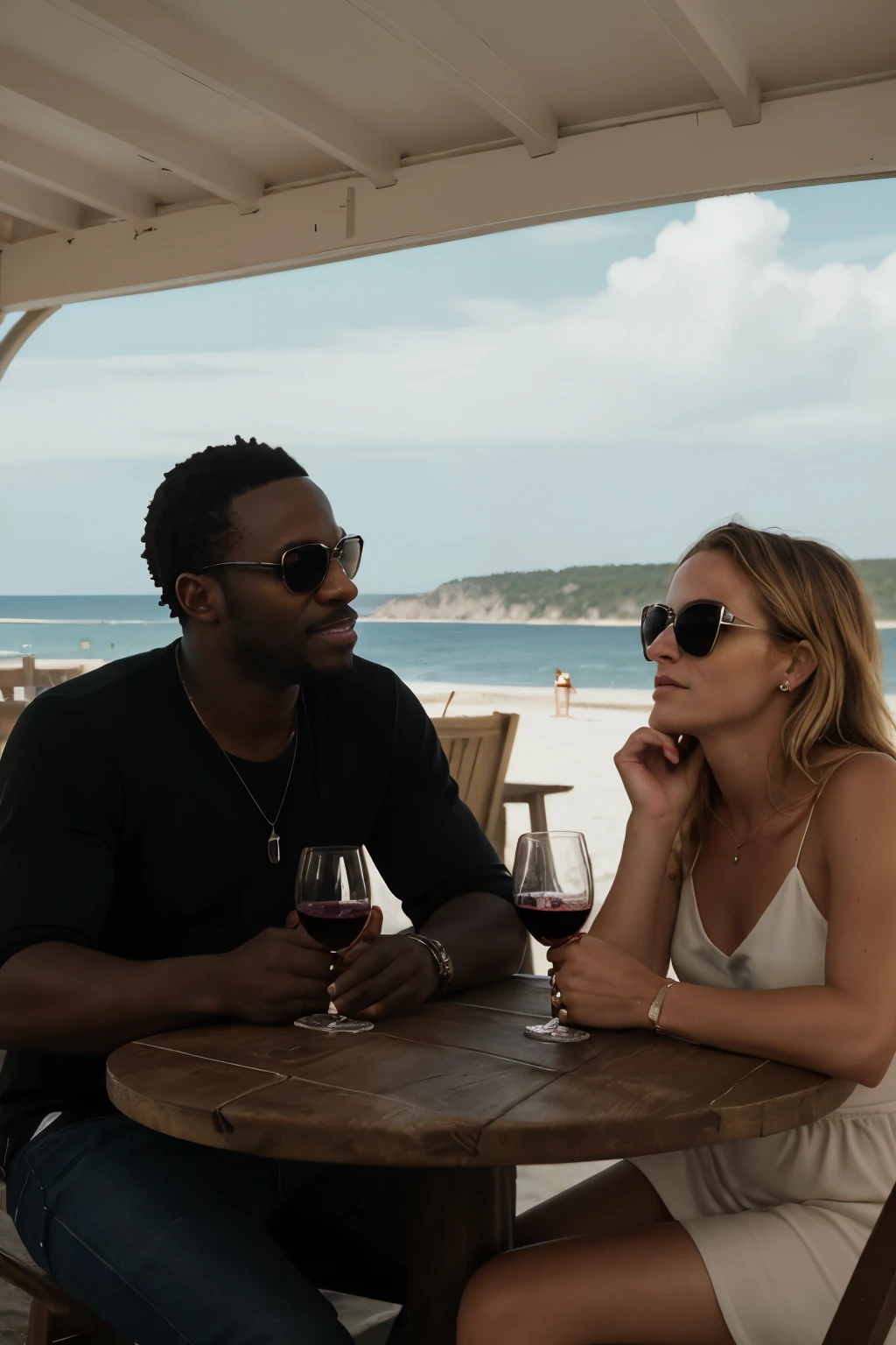 A breathtaking cinematic photograph of a 35-year-old black man, seated at a table in a beach bar, wearing sunglasses, accompanied by a beautiful woman. The two are indulging in wine and delectable seafood, capturing the essence of a laid-back, coastal lifestyle. The image is presented in a 16:9 aspect ratio, reminiscent of a raw, cinema-inspired aesthetic.

(Best quality, Ultra high-definition, Masterpiece: 1.3)
Stylish, moody lighting: 0.8, Focus on the couple's relaxed and engaging interaction, Highly detailed skin textures (0.7