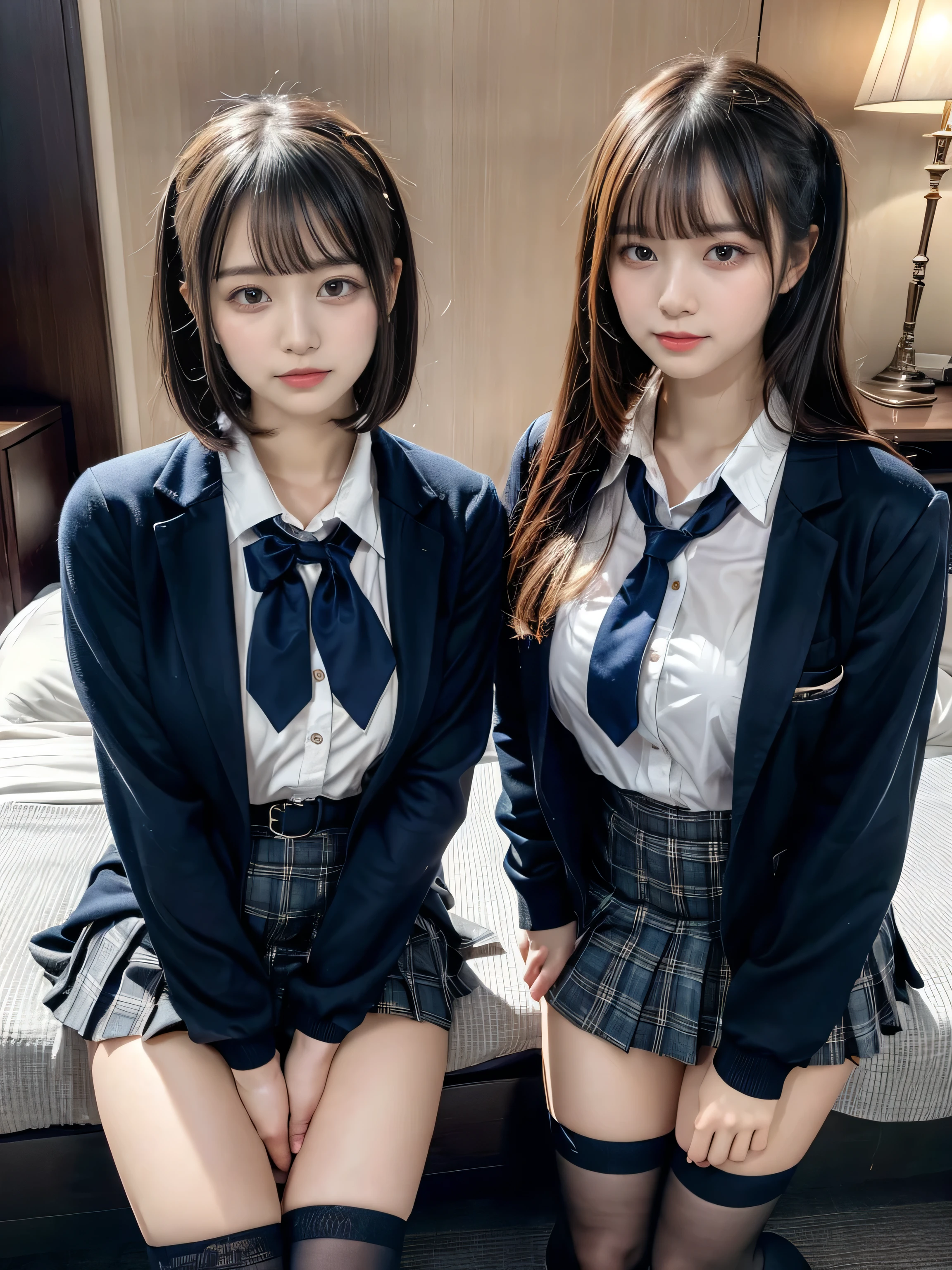 (8K, Raw photography, top-quality, masterpiece:1.2), muster piece, best quality, illustration, Super detailed, fine details, High resolution, 8K,wall paper, perfect dynamic composition,(Details High quality, realistic depiction of eyes:1.3), ((2 girls, 2 schoolgirls)), The background is a luxury hotel room、High school girl uniform、blazer 、Super Short Check Uniform Skirt、Navy blue high socks、garterbelts、Colossal tits、Disturbed uniform, Play with each other,Touching each other's bodies,Touching the body of the girl next door, short bob hair, black hair color, huge breasts, Big Natural Color Lip, bold sexy pose, (perfect body shape), crying a little、cold gaze, Harajuku style、Beautiful makeup,glitter makeup,Cutest 18 years old、 beautiful legs, hposing Gravure Idol, Voluptuous thighs