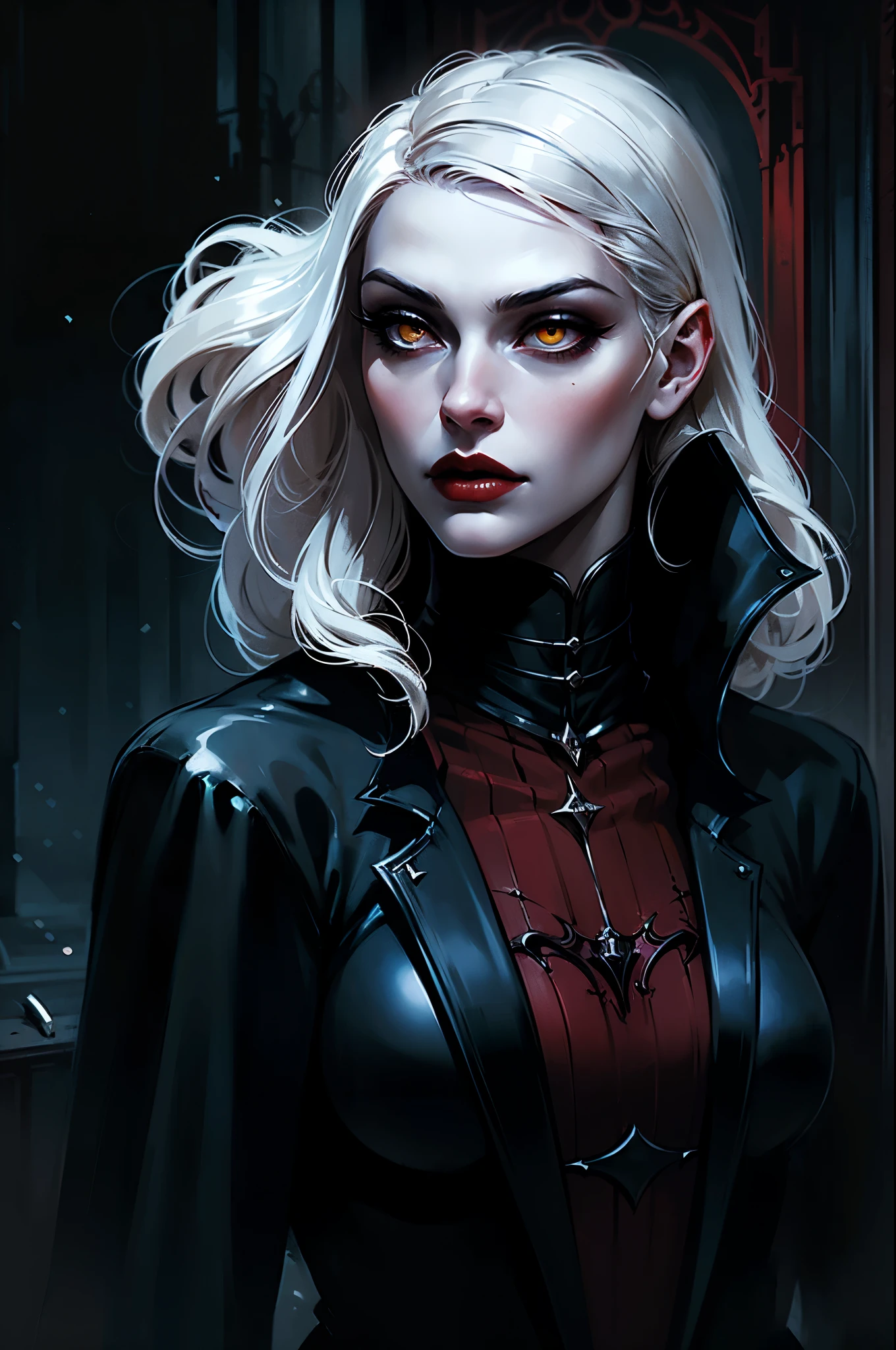 Woman with white hair and yellow eyes, red lips, Vampire Girl in latex, Dark, But detailed digital art, dark fantasy style art, Portrait of a vampire, androgynous vampire, Dark art style, style of charlie bowater, gothic horror vibes, tom bagshaw artstyle, gothic art style, dark fantasy portrait, neoartcore and charlie bowater