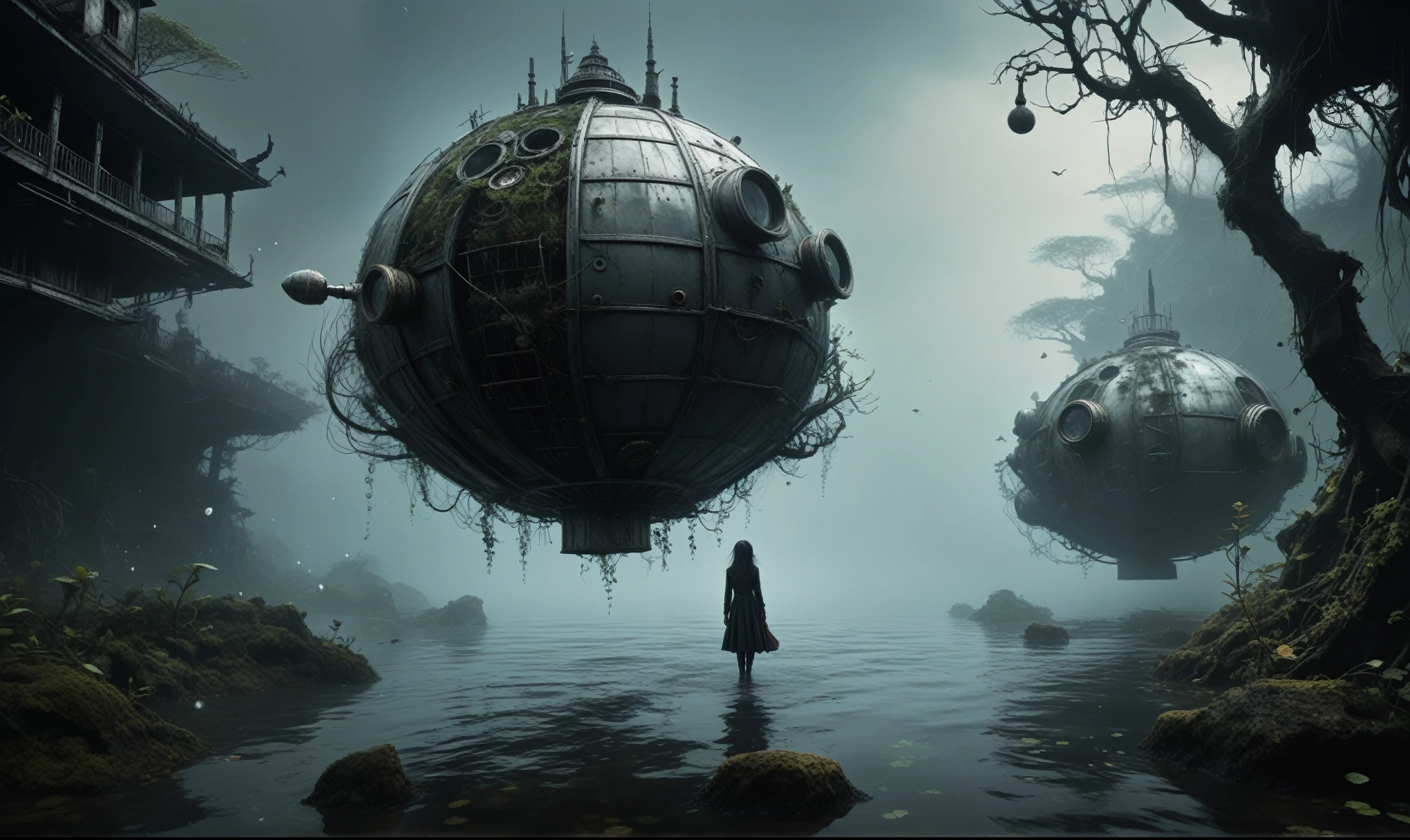 steampunk fantasy, young plant witch made of dead plants huntering, black and white color mechanical clockwork Spaceship under sea, ominous landscapes,a small floating mkitdecy-planet in concrete and rusted metal struts that looks like a see-mine, low-key, glowing, cinematic,ruined,ruined theme,lots of dust,amazon,full body length,maybe pretty face,full body length, eerie atmosphere, ethereal presence, swirling mists, supernatural entities, demonic essence, shadowy forms, dark and twisted branches, macabre elements, otherworldly beauty, ethereal glow, eerie and ominous lighting,Ethereal otherworldly charm,Complicated details,Exquisite features,Surreal atmosphere,captivating creation,After the war,Maritime bazar of science and technology,like Stone Forest in Yunnan Province of Zambia,Simon Stalenhag,Nicola Samori,Wangechi Mutu,intricate details,realism,realistic,extremely detailed,masterpiece,intricate details,eyes extremely detailed, high detailed eyes,32k resolution, Nikon Z9