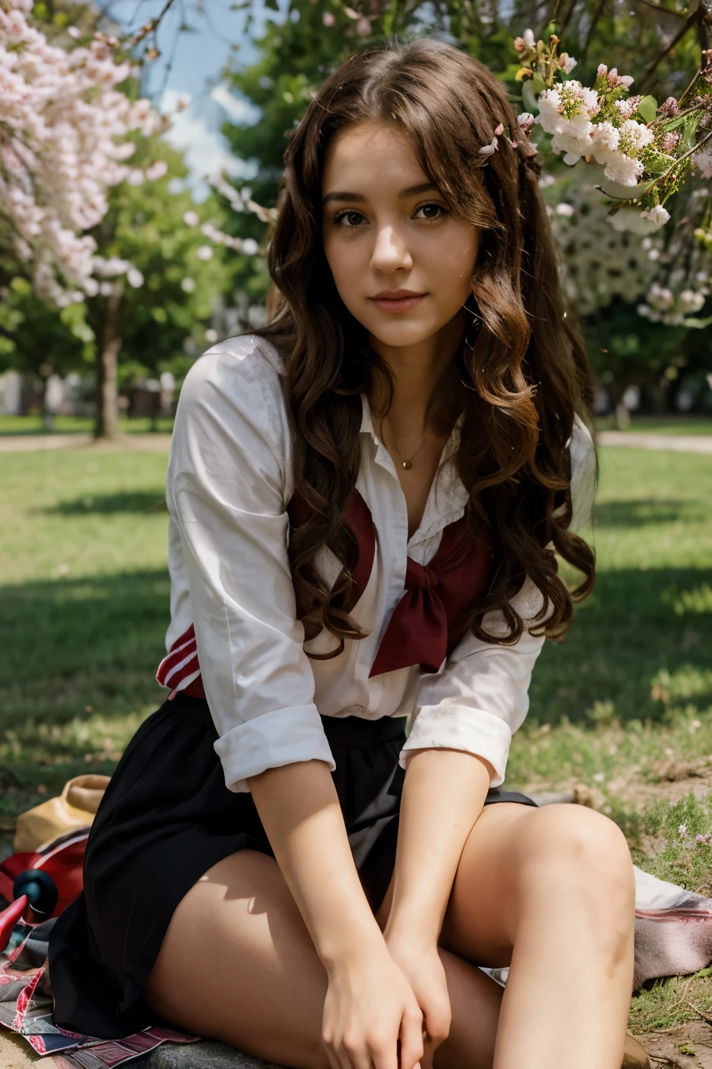 curly hair girl,Sitting under the cherry tree,virtual,