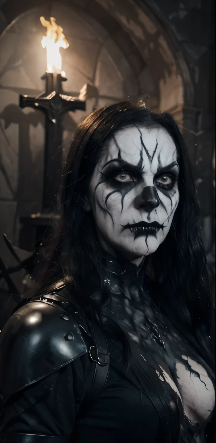 (masterpiece, best quality:1.2), (((1man, male))) , solo, highres, best quality, Half body shot of a strong Man, pale white skin angry man with (((black metal makeup, corpsy paint))), ((Angry face)) , heavy White and Black face paint, wearing a black and silver armor, spike, in a gothic cemitery, at night, horror movie. high details, super detail, textured skin, masterpiece, UHD, 4K, 8k. ((Cinematic lighting)). Church on fire background 