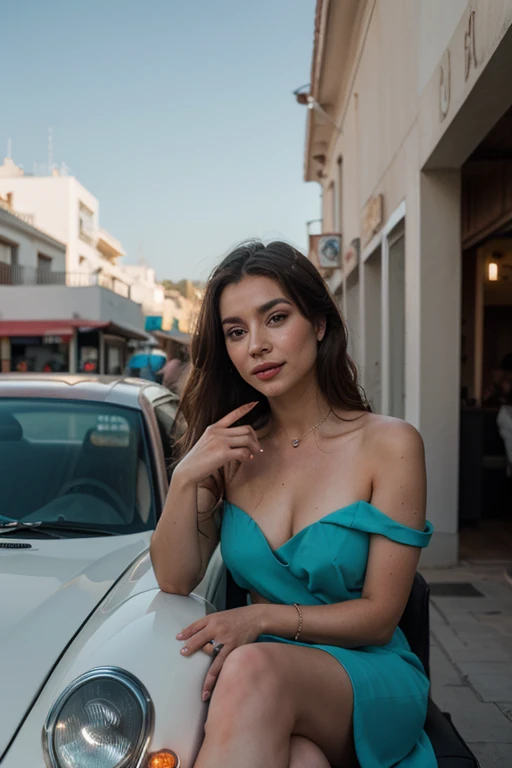 Realistic and photographic. As aibiza.lifestyle, alone with her dazzling smile, she sat alone on a Pagani Zonda, staring at the stunned viewer with wide eyes and slightly parted lips, she was wearing a stunning sky blue dress, her shoulder length brown hair gracefully framing her face and makeup it complemented her perfectly natural beauty, and the jewelry sparkled on her fingers and neck as her hand rested freely on the hood of the car, soaking up the atmosphere of Ibiza,