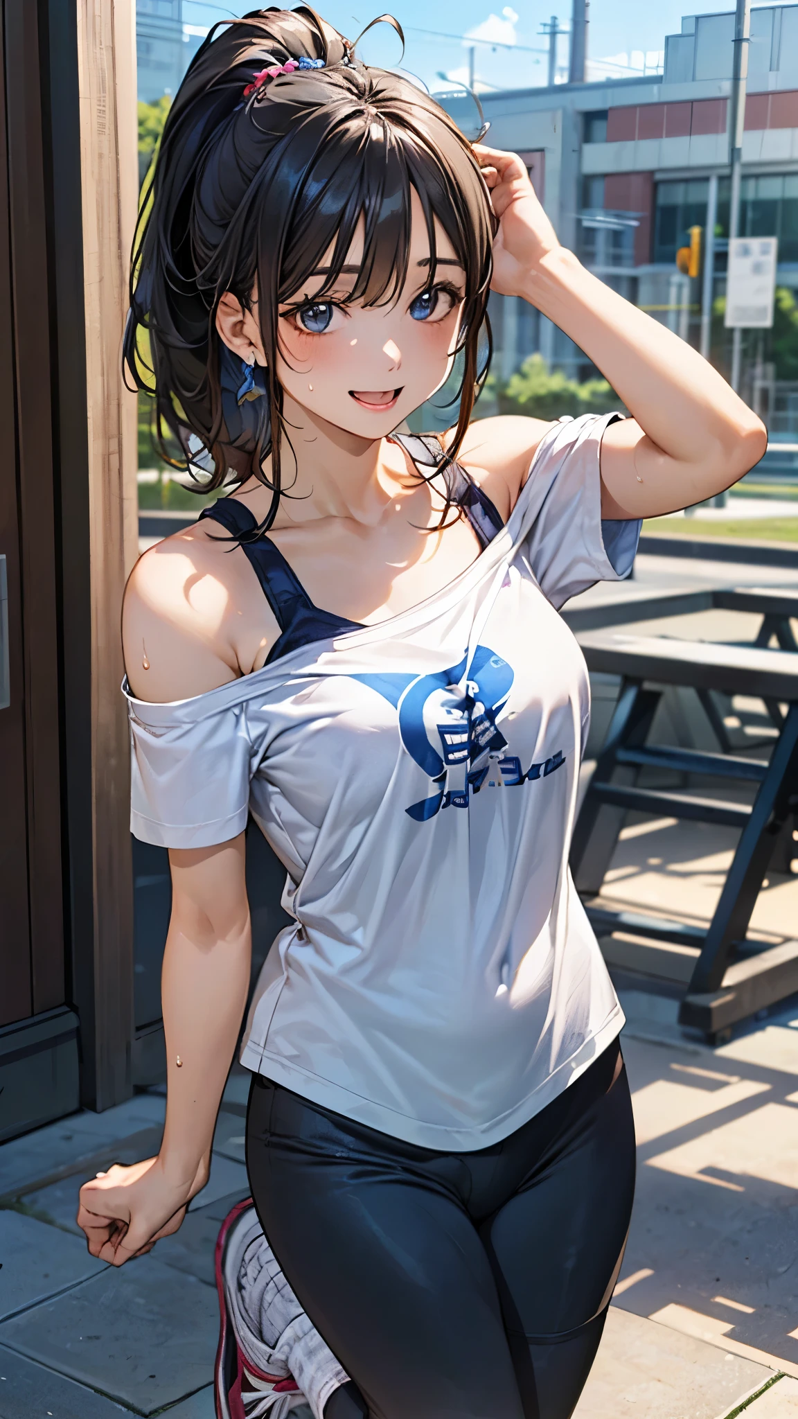 (masterpiece:1.2, top-quality), table top:1.2, (realistic, photorealistic:1.4), beautiful illustration, (natural side lighting, movie lighting), 
looking at viewer, face focus, cowboy shot, 1 girl, japanese, high school girl, perfect face, (perfect anatomy, anatomically correct, super detailed skin), cute and symmetrical face, shiny skin, 
(medium hair, ponytail hair, navy hair), messy hair, bangs, blue eyes, long eye lasher, (large breasts), slender, 
beautiful detailed hair, beautiful face, beautiful detailed eyes, beautiful clavicle, beautiful body, beautiful chest, beautiful thigh, beautiful legs, beautiful hands, (five fingers)
(detailed cloth texture, (blue t-shirt, black leggings, off-shoulder design t-shirt, white socks), sneakers), espadrilles,
(beautiful scenery), summer, evening, (gym, standing, dancing, left arms up, jumping), sweat, (lovely smile, open mouth),