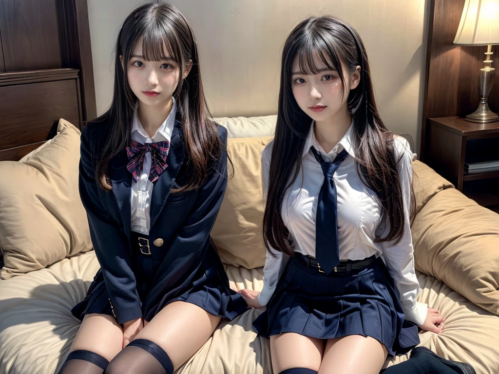 muster piece, best quality, illustration, Super detailed, fine details, High resolution, 8K,wall paper, perfect dynamic composition,(Details High quality, realistic depiction of eyes:1.3), ((2 girls, 2 schoolgirls)), The background is a luxury hotel room、High school girl uniform、blazer 、Super Short Check Uniform Skirt、Navy blue high socks、garterbelts、Colossal tits、Disturbed uniform, Play with each other,Touching each other's bodies,Touching the body of the girl next door, short bob hair, black hair color, huge breasts, Big Natural Color Lip, bold sexy pose, (perfect body shape), crying a little、cold gaze, Harajuku style、Beautiful makeup,glitter makeup,Cutest 18 years old, beautiful legs, hposing Gravure Idol, Voluptuous thighs