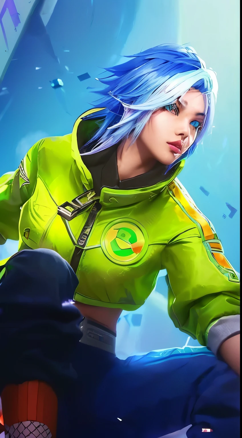 a close up of a person with blue hair and a green jacket, female lucio, lucio as a woman, katana zero video game character, lucio from overwatch, rogue anime girl, senna from league of legends, geeen skin, g liulian art style, cyber universe style, vibrant fan art, cyber style, rossdraws cartoon vibrant