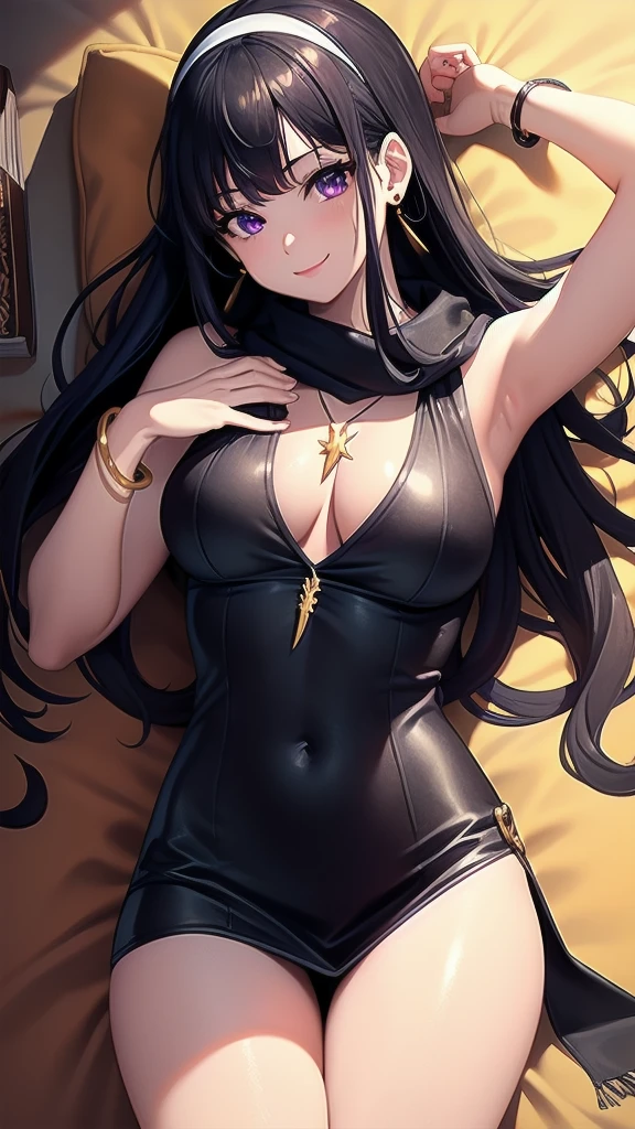 masterpiece, best quality, 1 solo girl, black hair, violet eyes, long hair, medium breasts, sexy body and face, wavy hair, smile, sleeveless shirt, scarf, black thigh-high, mini skirt, pendant, bracelet, jewelry, earrings, feather hair ornament, book, lying at the bed, night, sexy pose, cowboy shots, detailed body, face, and eyes, sharp focus, vibrant, creative, dynamic, high definition, high resolution, 8k, (Upscale: R-ESRGAN 4x+ Anime6mage enchance:4x), voluptuous body, cinema lightning, dakimakura style, looking at the viewer, hairband