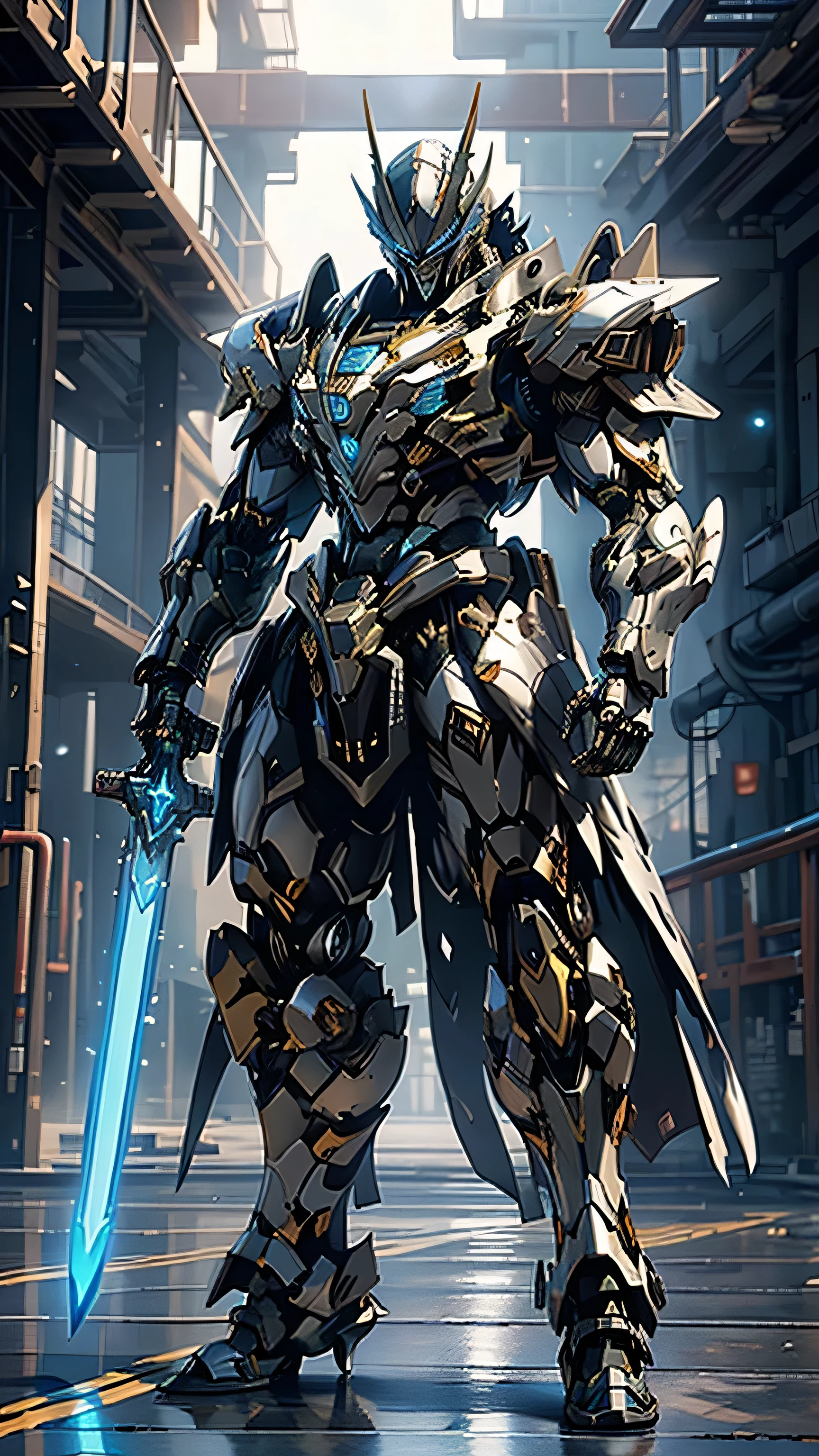 (masterpiece), (best quality), (super-detailed), (UHD 8k Sony a7R V 60 MP mirrorless camera with a 35mm wide-angle lens and a f/2.4 aperture, photographic full body shot) of a futuristic, mecha-suit enabled, space pirate Captain, (mecha pirate:1.4). The warrior is depicted brandishing his twin, (glowing:1.4, electric-blue, laser cutlasses:1.5). He is wearing intricate, highly detailed armor that is black:1.45, silver:1.43, and blue:1.2, with a jolly roger emblem inlaid in platinum on his chest, (he makes for a striking figure of an evil robot buccaneer:1.2). The grim looking Captain is (standing straight:1.52), with his (legs slightly bent:1.3) in preparation for evasive maneuvers, (holding his trusty laser cutlasses:1.44 out to his sides:1.51), (ready for battle, it was time for some action), (on the gloomy bridge of his pirate themed spaceship:1.4), epic comic book cover art by Greg Capullo mixed with the iconic style of comic book cover artist Jim Lee also from the Marvel, Image, and DC comic book universes.  dramatic lighting with strong contrasts highlights his metallic textured features, cinematic movie still, masterpiece, best quality, absurd resolution, 8k Nikon 7r, ray tracing, HDR, UHD, volumetric lighting, Unreal Engine 5, Unity Engine, Blender, octane render, exquisite subject composition and use of lighting:1.4, exceptional, award-winning shading:1.38, sharp focus:1.35, low angle, ominous mood, facing the viewer, (in the illustration style of Greg Capullo:1.33 the famous comic book artist), repeat positive prompts, repeat negative prompts, HDR, 8k, UHD 8K resolution, wide-angle lens, full shot photograph, Absurd resolution, maximum detail, photorealistic, realistic, ultra-realistic,