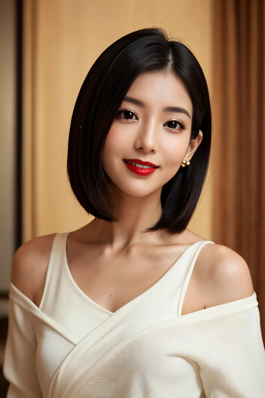 highest quality. Tabletop, 8k, Best image quality, Award-winning works, One Girl, ((((Black and white photography)))), (Red lips), The perfect V-neck knit sweater, Upper body shot from the waist up, (Facing forward), Perfect Makeup, Long eyelashes, Ultra-high definition sparkling eyes, Ultra HD Hair, Ultra High Resolution Glossy Lips, Ultra HD cute face, Very short straight hair, Symmetrical hair length, Look at me and smile, clavicle, Accurate anatomy, Face close-up, Luxury Love Hotel, The most atmospheric and warm lighting, Blurred Background